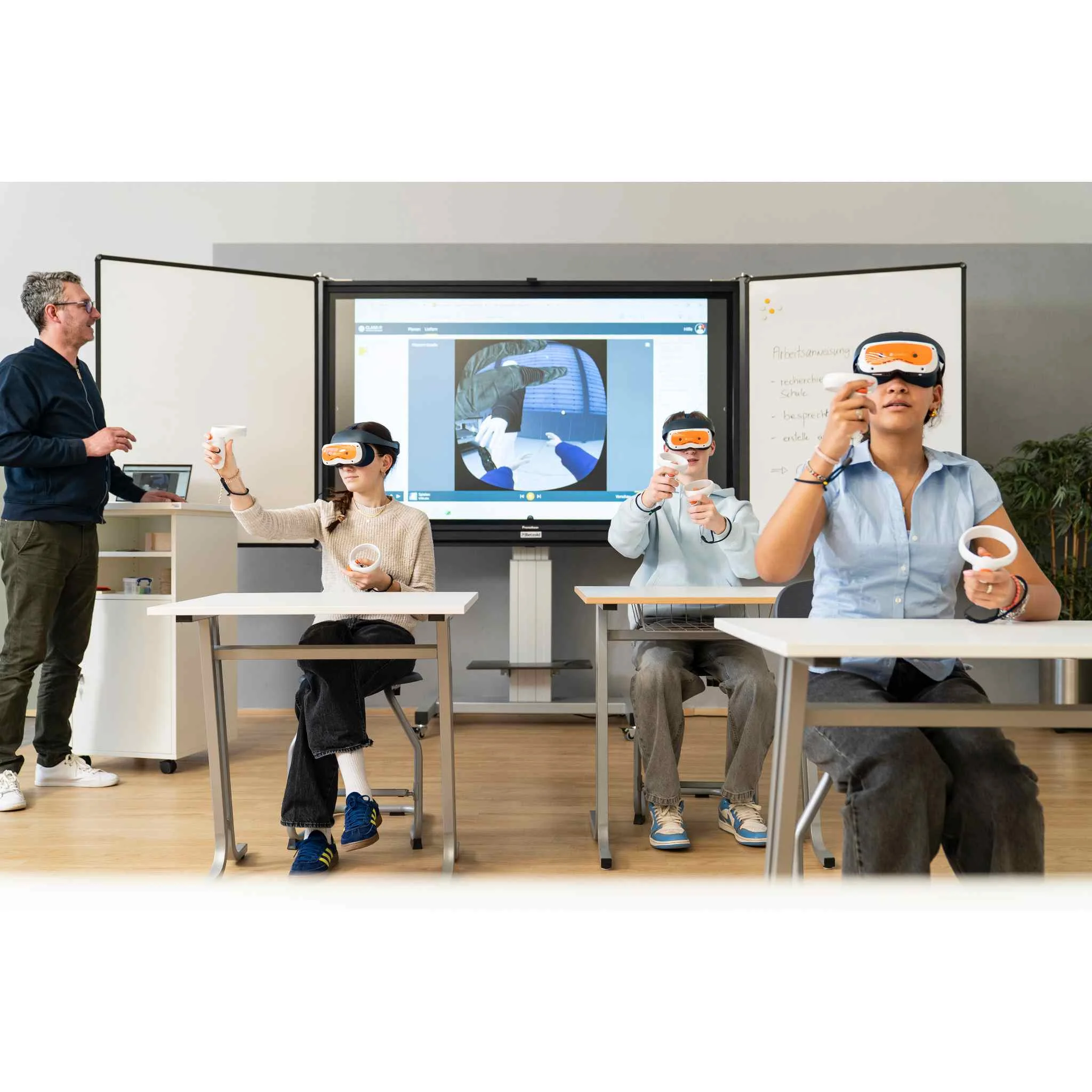 VR-Brille, Schulung, Hologramm, Schreibtisch-Setup, Classroom