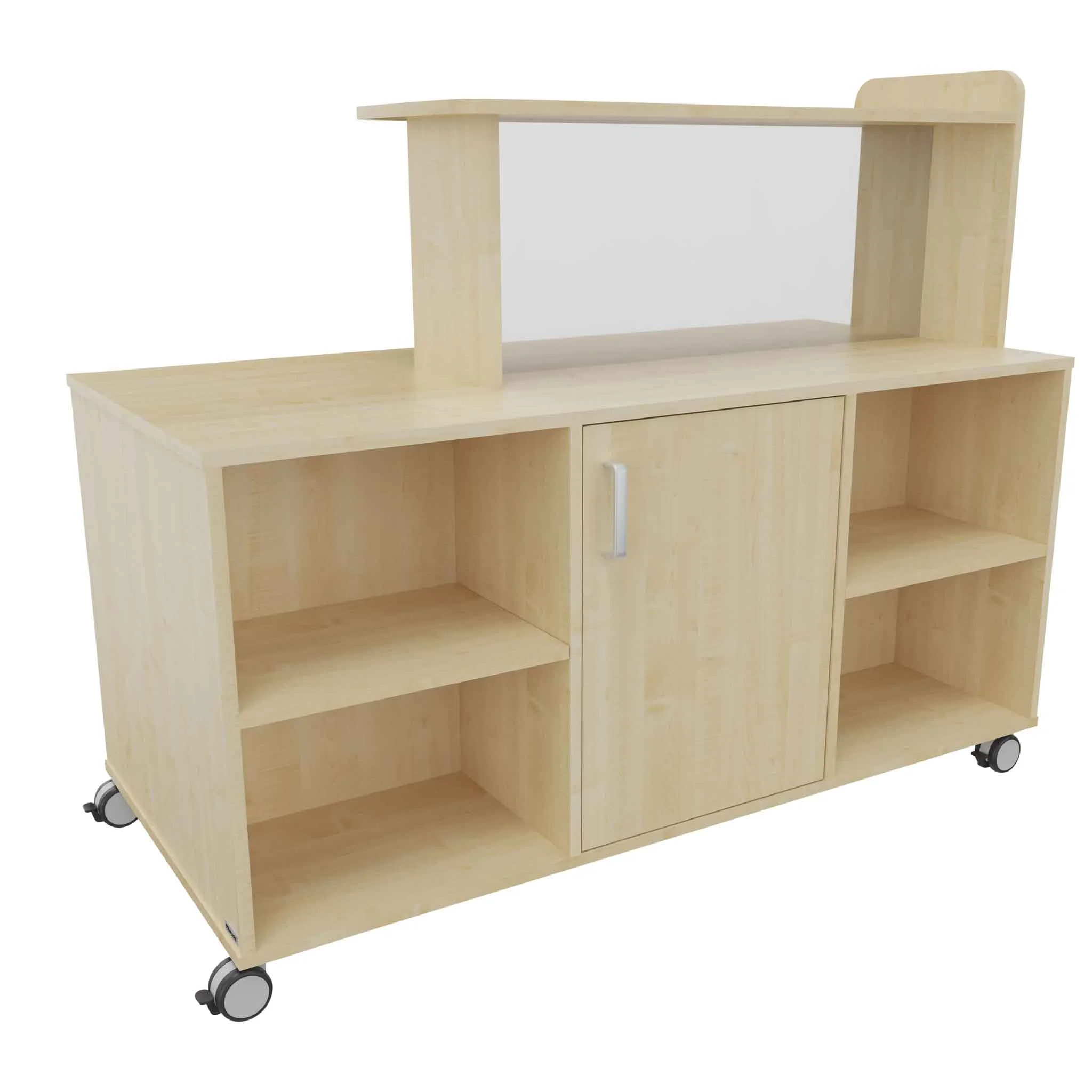 Steh- bzw. Servierwagen, Hutch-Wagen, Holzfarbe hell, Rollbar mit Schubladen, Offenes Regalfach