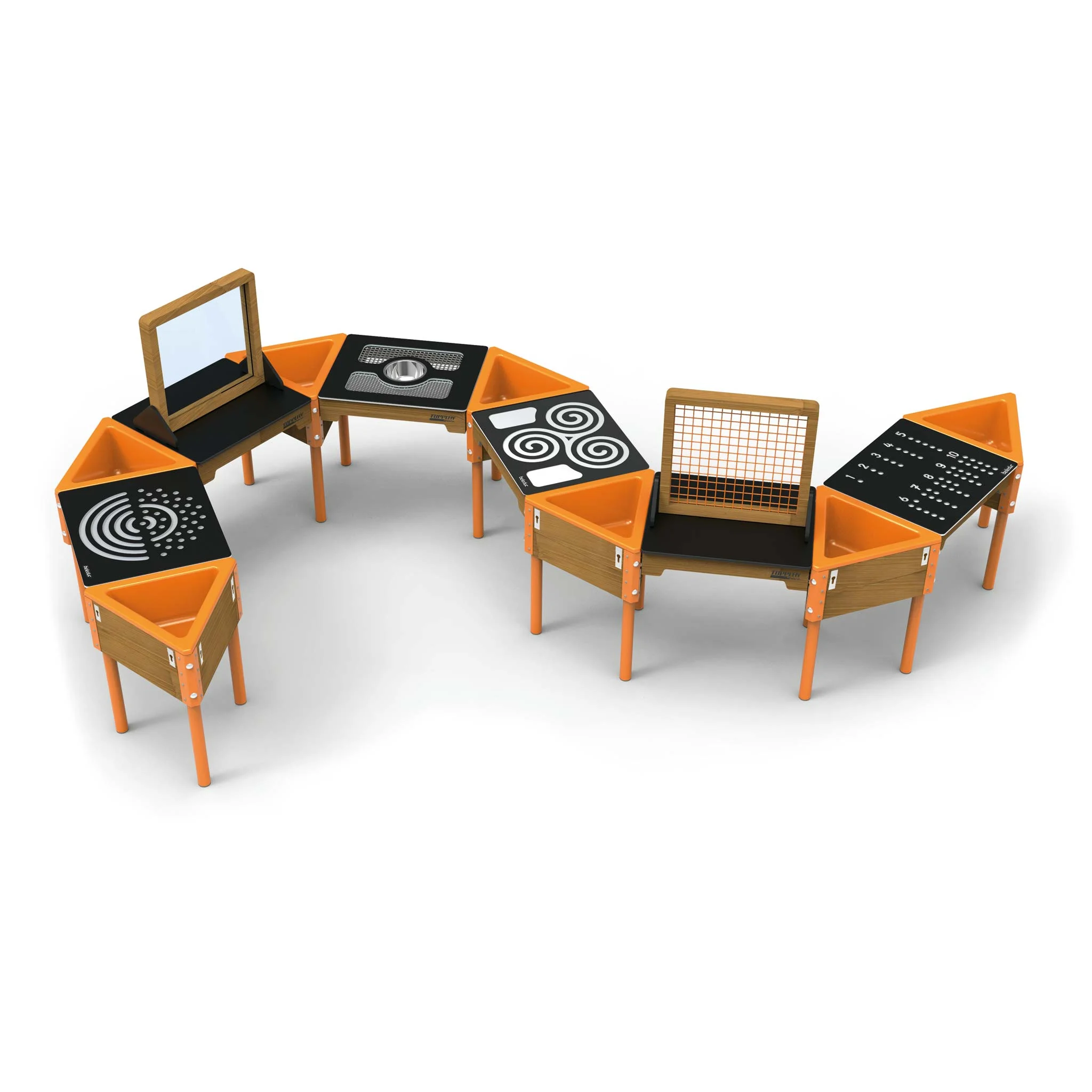Modulares Tischsystem, Tisch-Module, Orange Akzente, Holzbeine, Grafik-Oberfläche