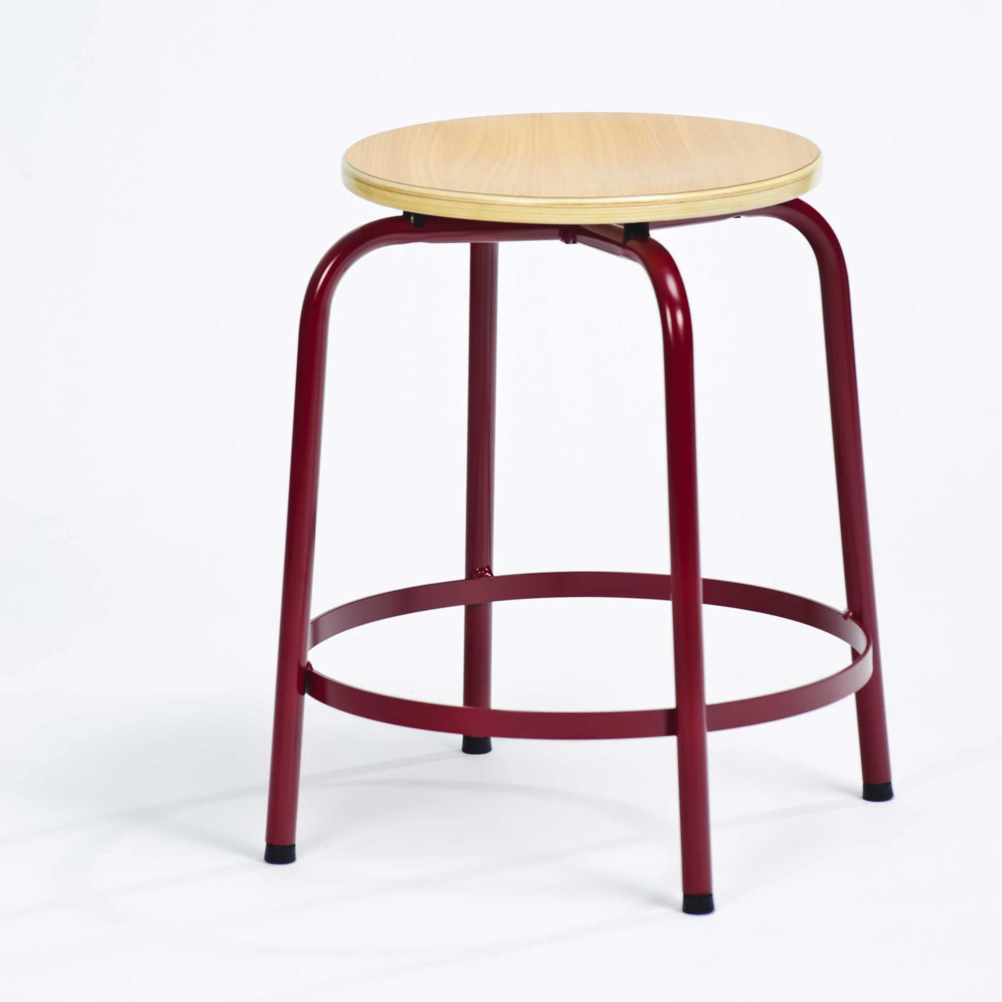 stuhl, hocker, holzplatte, roter rahmen, metallrahmen