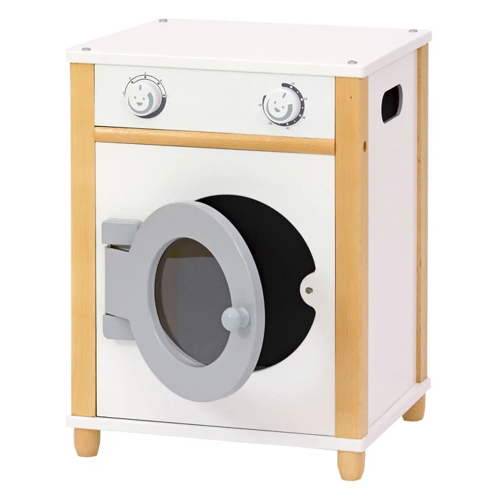 Kleines Waschmaschinenersatz, Spielzeug-Waschmaschine, Holzrahmen, Frontlader-Design, grau-weiß
