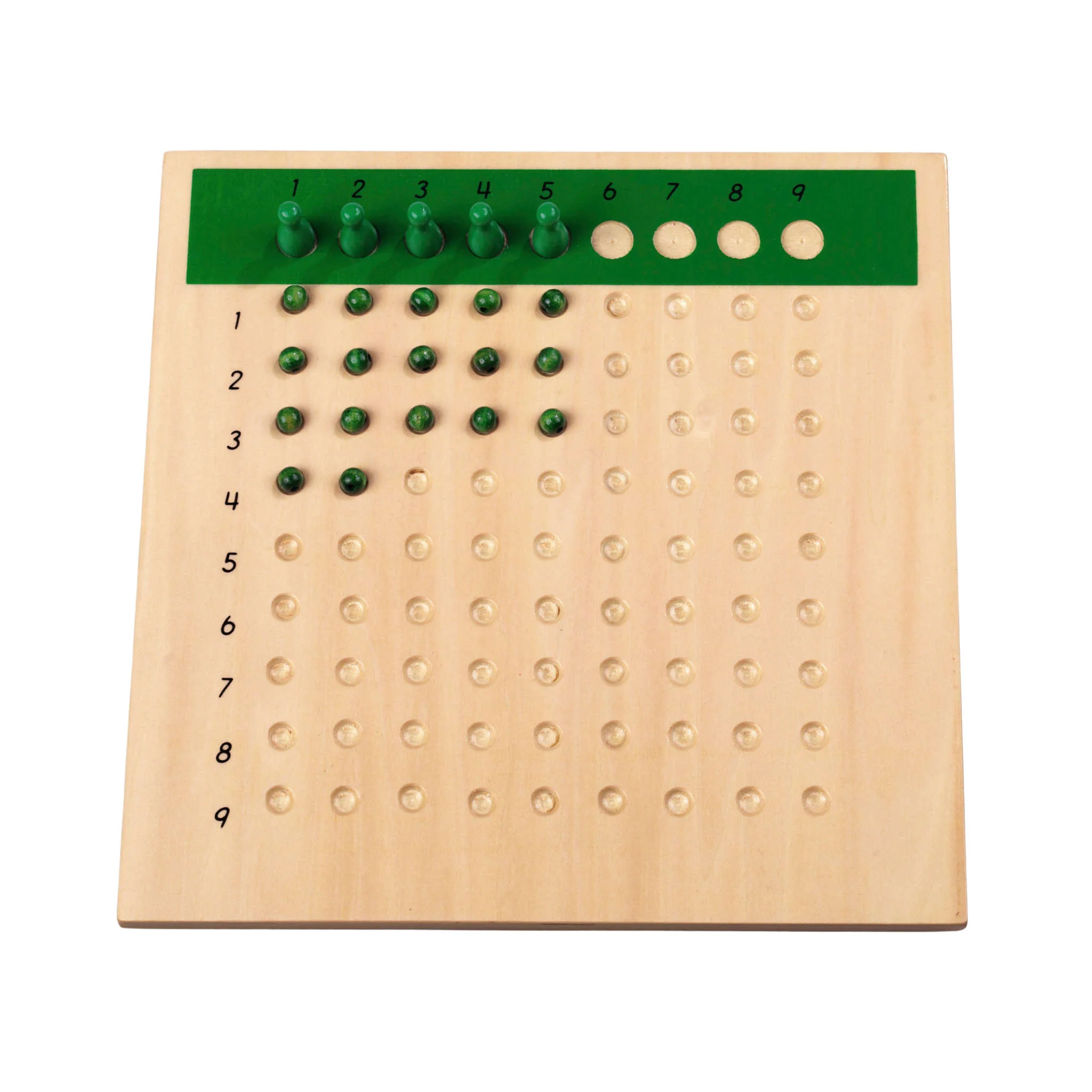 Multiplikationsbrett, Holzspielzeug, Rechenhilfe, grüne Steckstifte, Zahlen 1–9