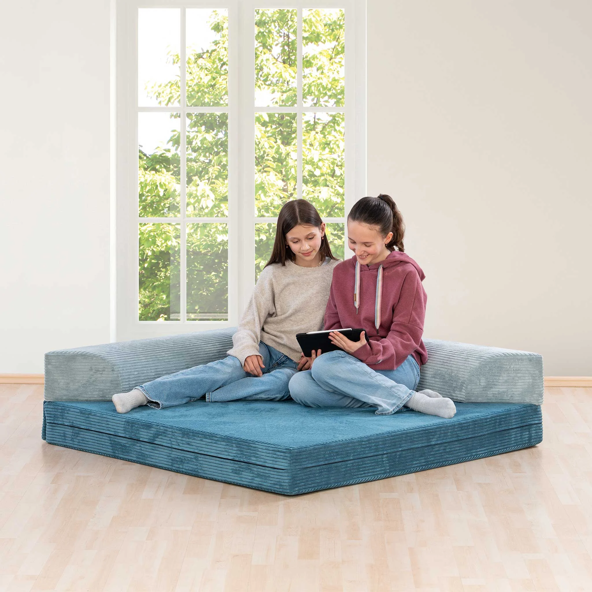 sofa bed, modular sofa, blue cushion, kids seating, living room