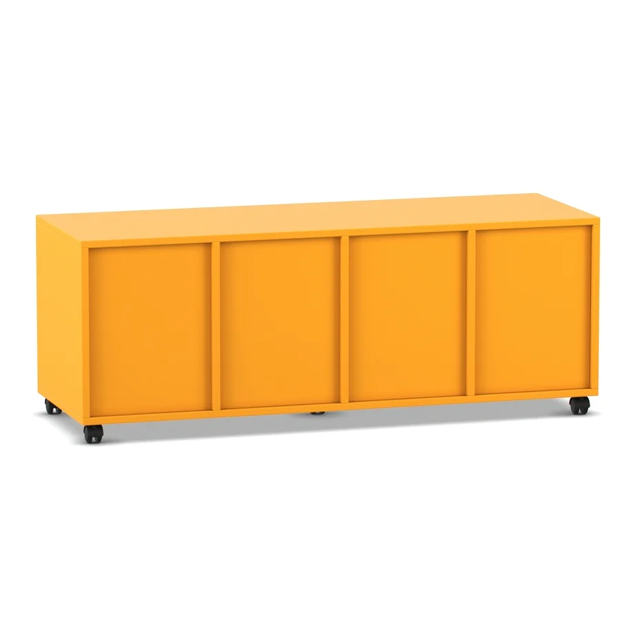 orange, storage cabinet, modular, mobility wheels, sliding doors