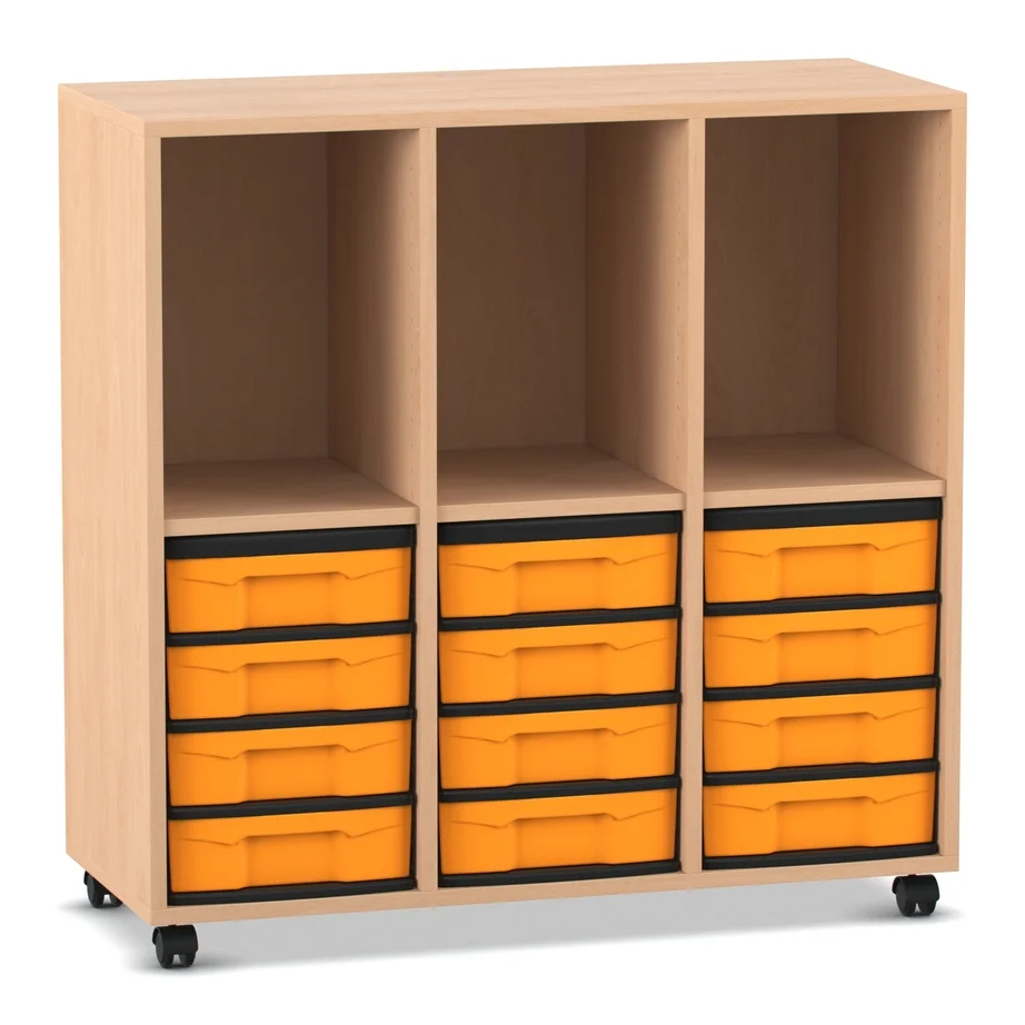 Klassenzimmerregal, 98 x 40,8 x 96,6, mit 3 Fächern und 12 Boxen, Buche hell