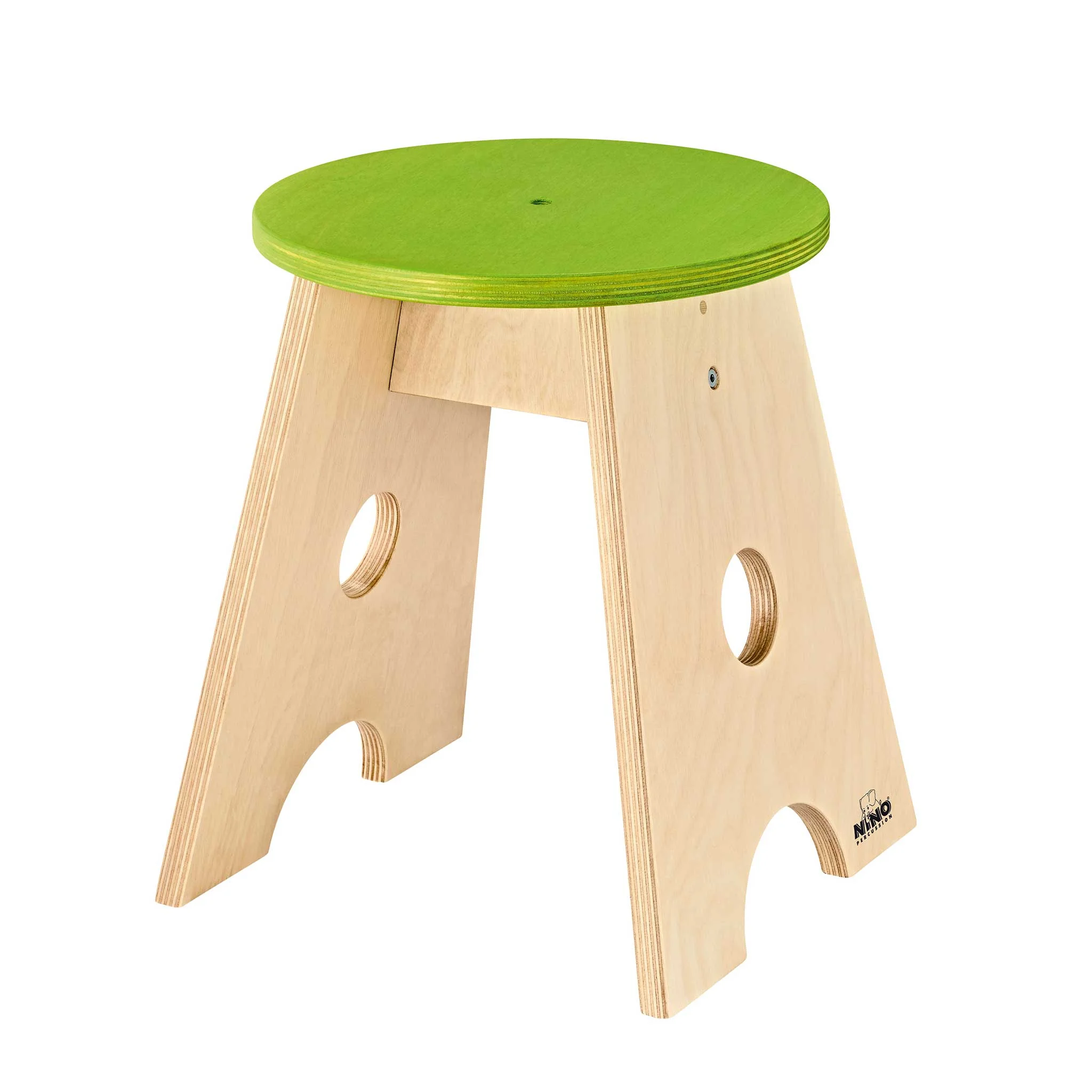 Holzstuhl, Kinderhocker, grüner Sitz, Naturalholz, Löcher Lochmuster