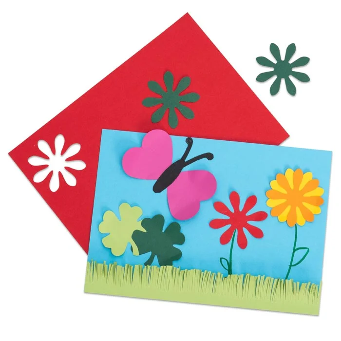 kartenspiel, kunstprojekt, blumen, schmetterling, farbenfroh