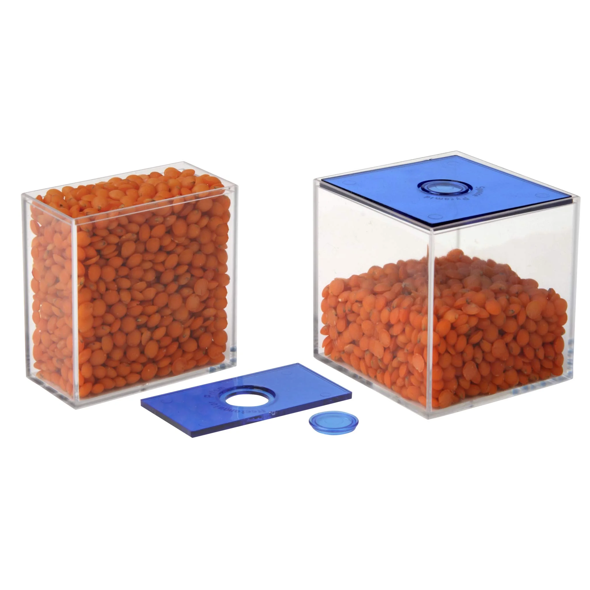 Kunststoffwürfel, Transparenter Behälter, Orangene Kugeln, Aufbewahrungsbox, Blue Deckel