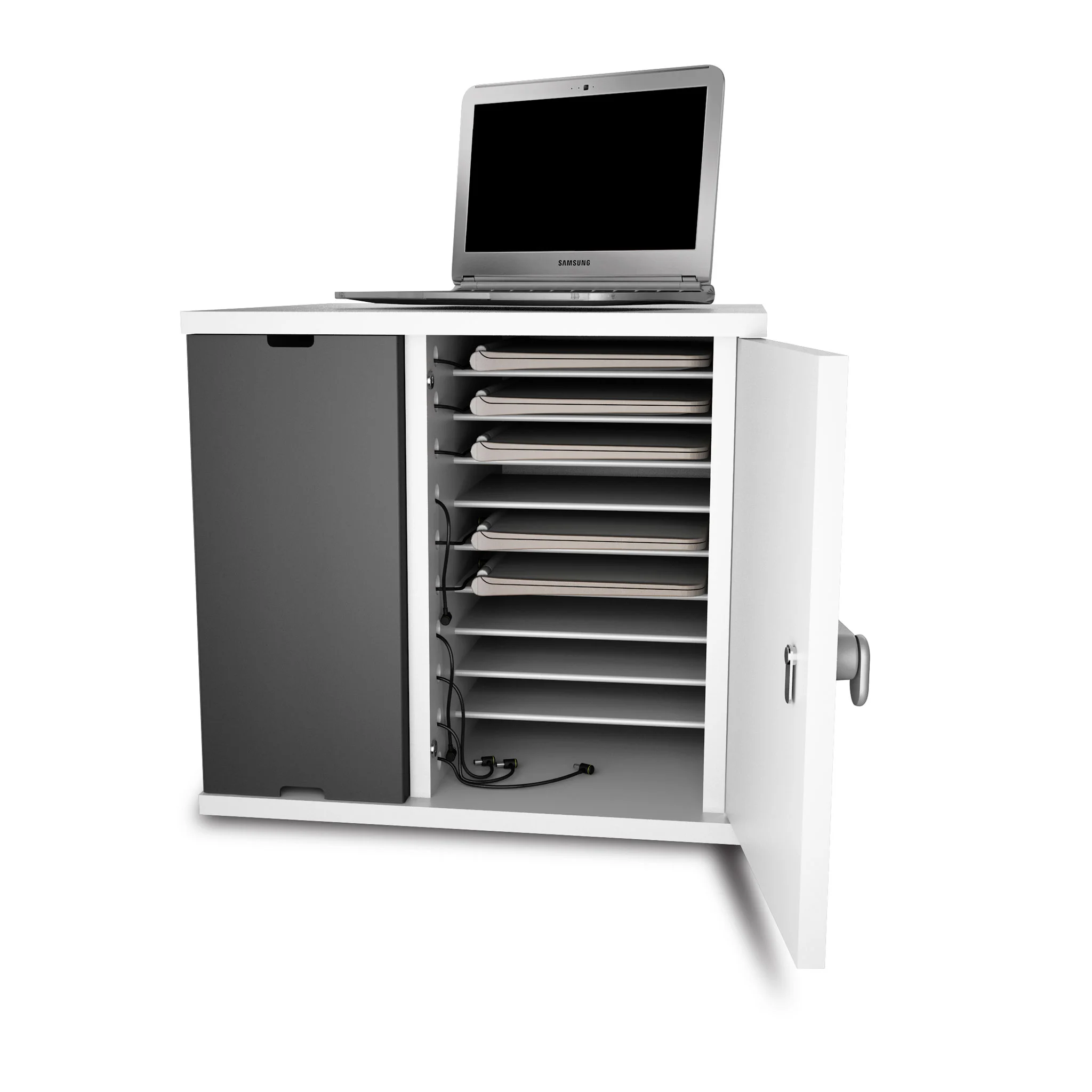 Laptop on cabinet, storage cabinet, laptop tray, charging cables, trolleys