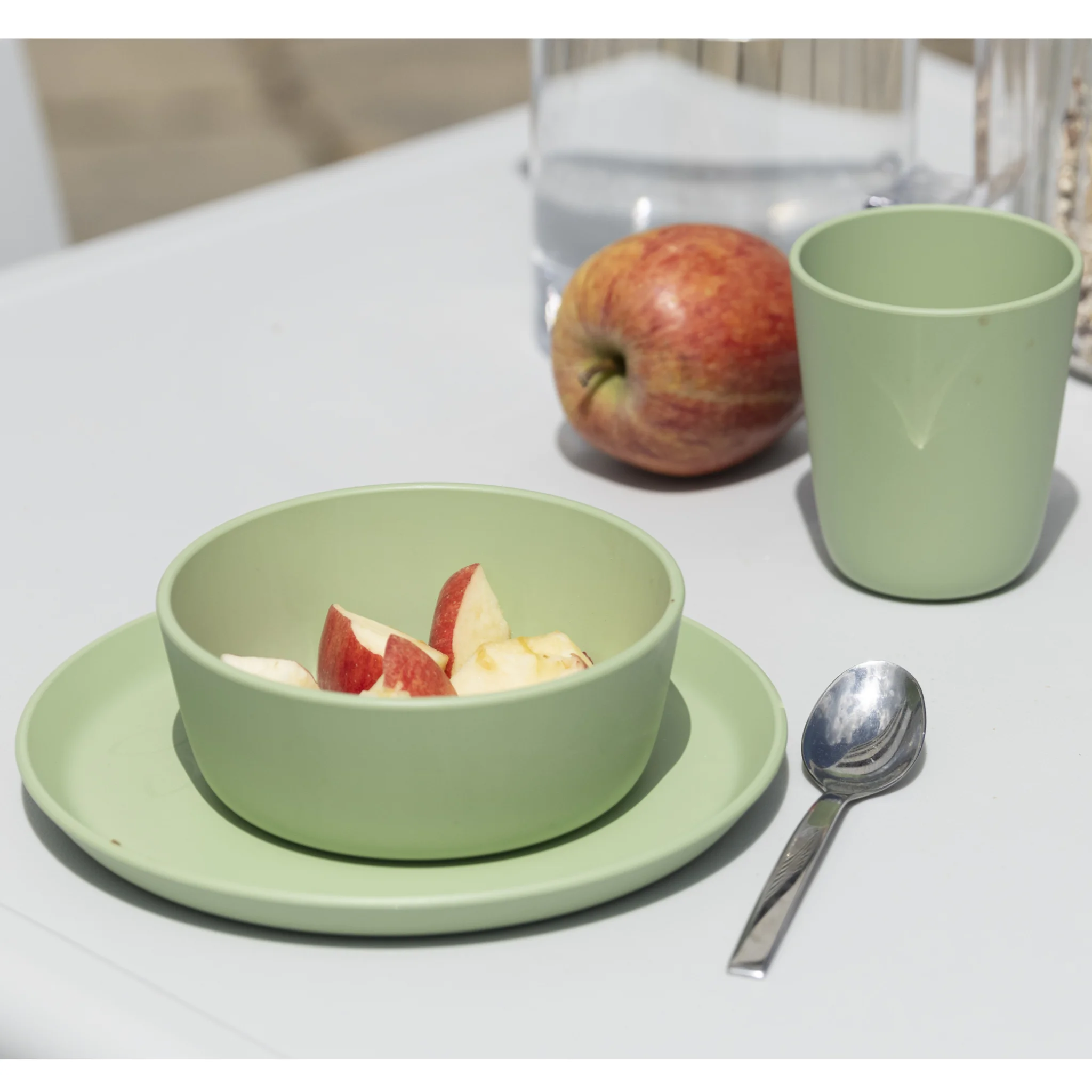 Essteller, Schüssel, Apfel, Pastellgrün, Besteck
