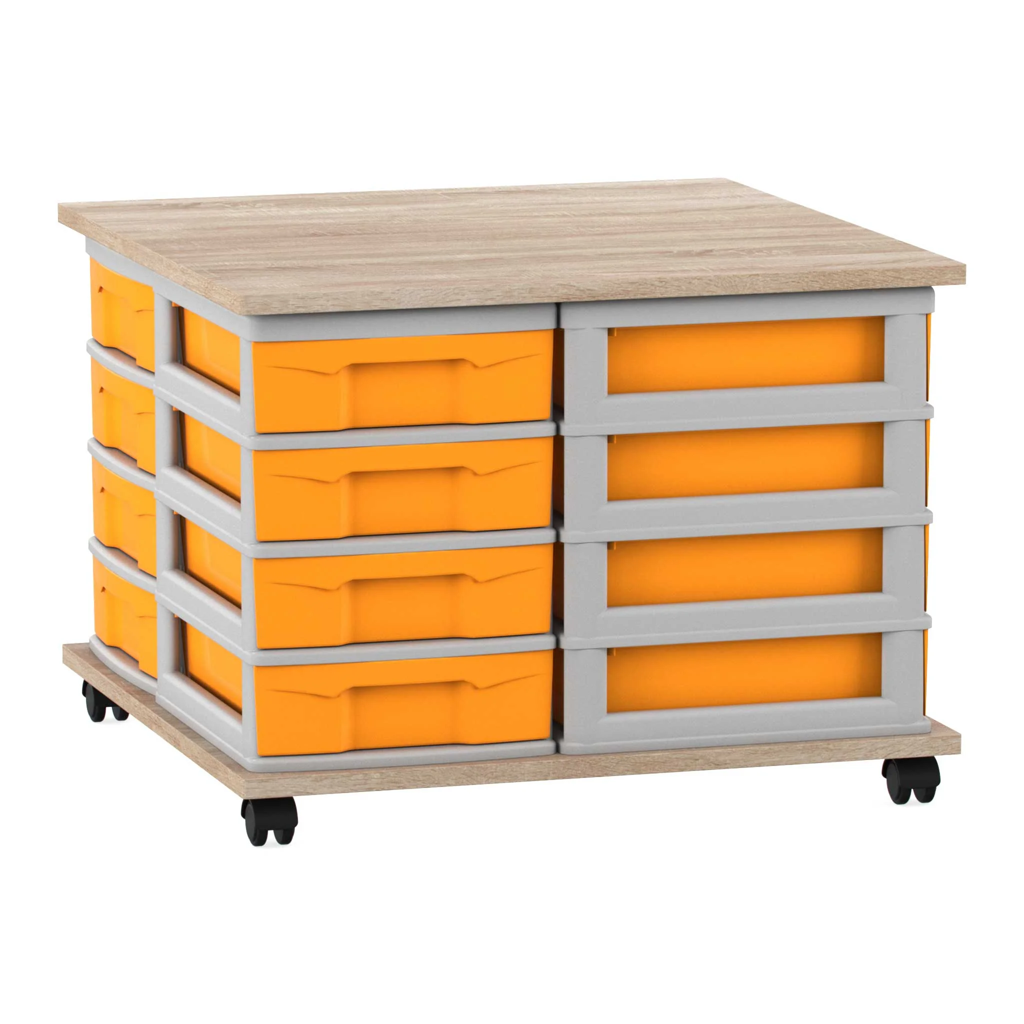 Werkbank, Aufbewahrung, Rollwagen, Orange Behälter, Holzplatte