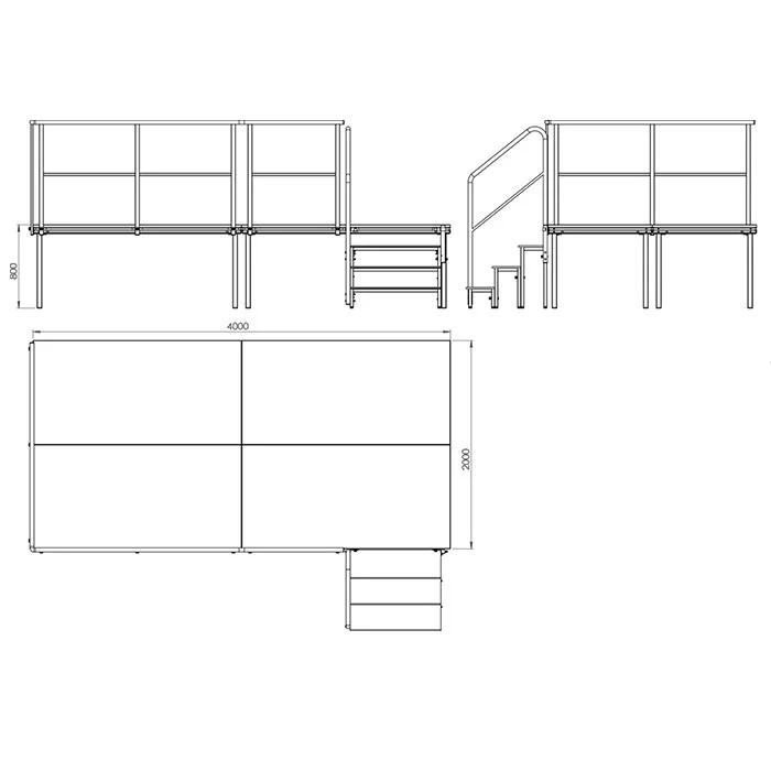 elevated platform, metallgeländer, treppe, modulares deck, abmessungen 4000x2000