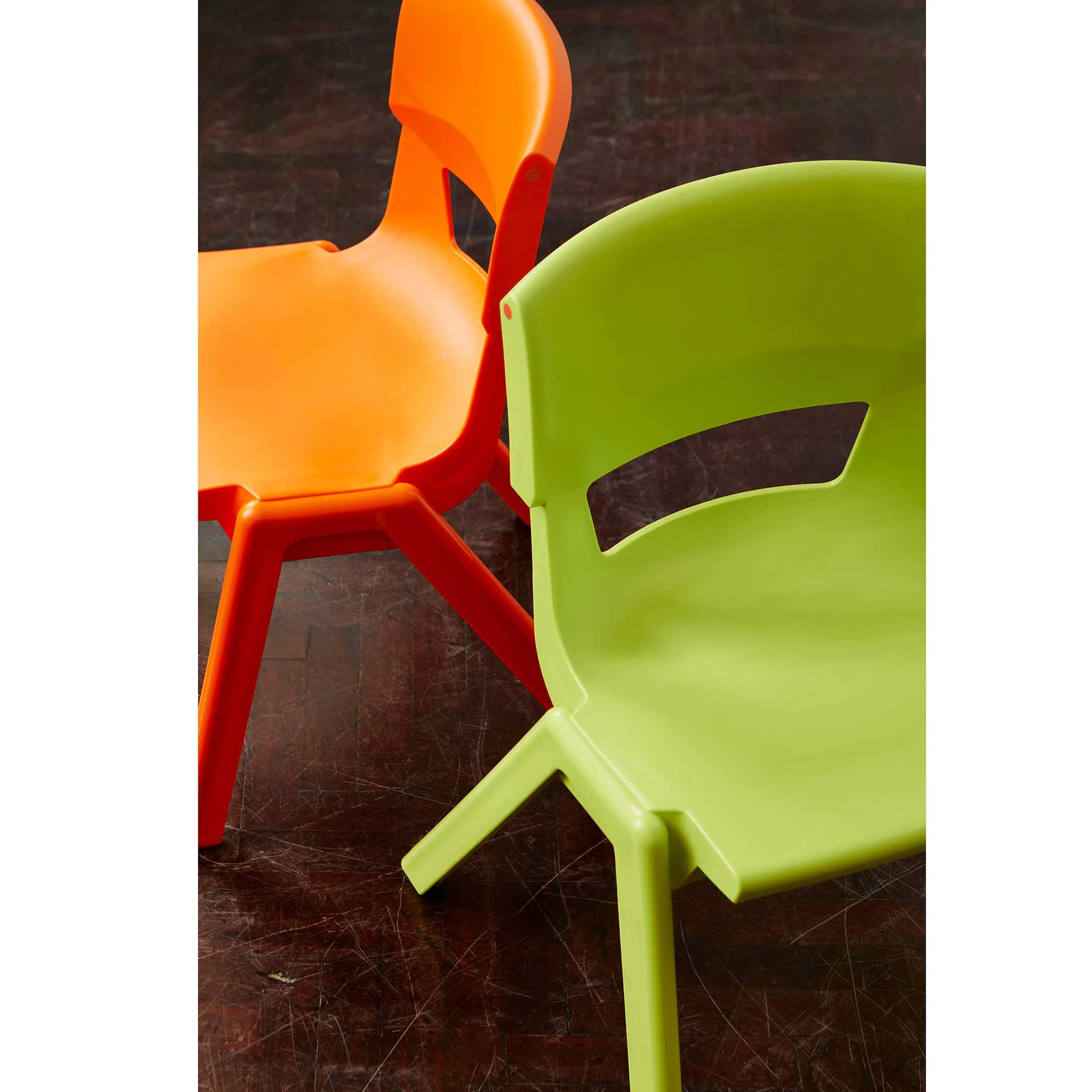 stuhl, kunststoff, orange, grün, stapelbar