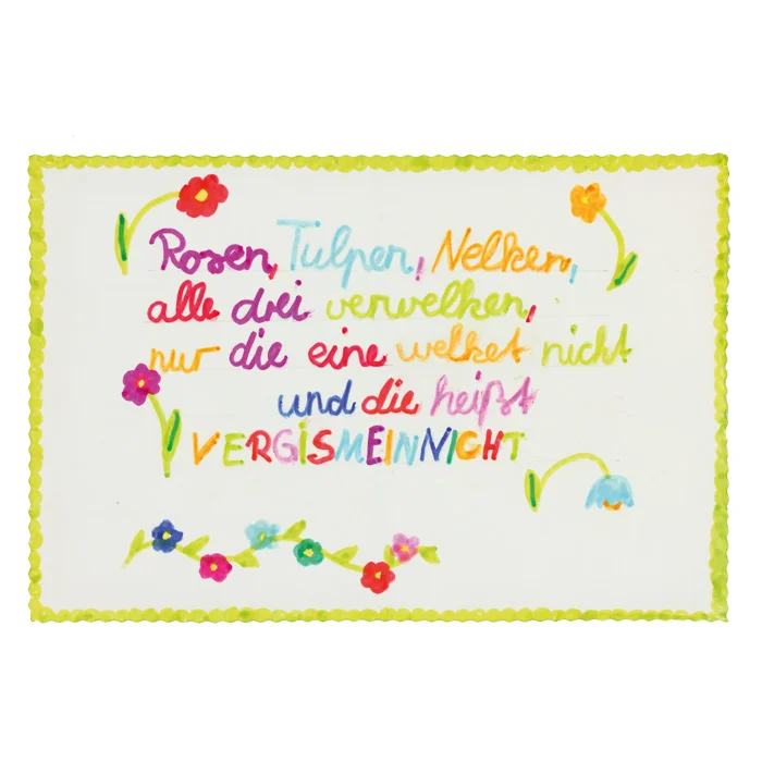 Kartenmotiv, Spruchkarte, bunte Schrift, Blumenrand, Frühstücks-/Dekokarte