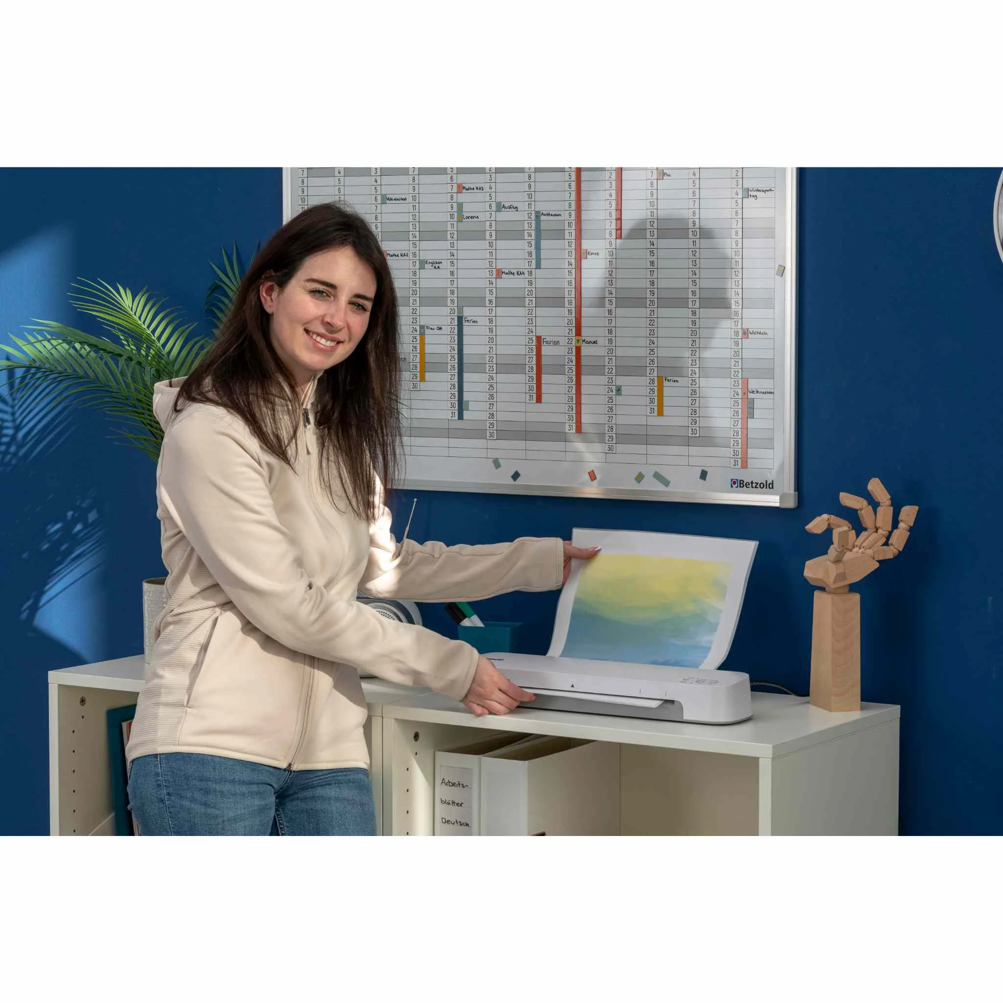 office, printer, calendar, frau, blauwand