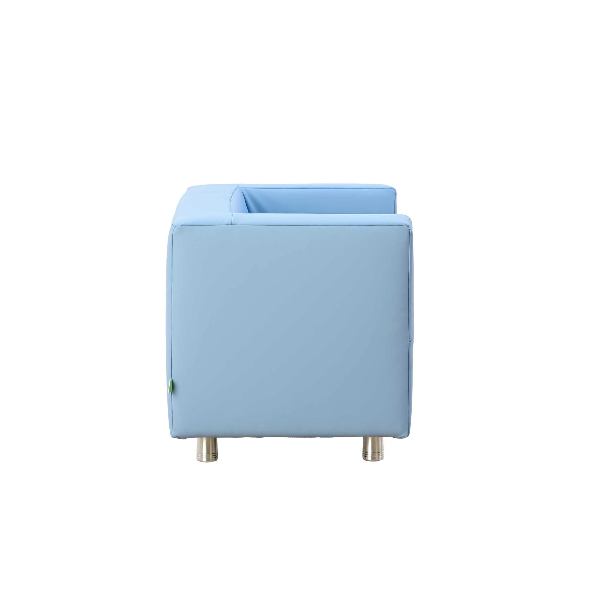 Sofa, Armlehne, Ecksofa, Bezug, Farbe]}** Note: This is not correct. Re-evaluate. Wait. The image shows a light blue modular sofa with square shape, metal legs, fabric upholstery. Provide 5 concise tags: