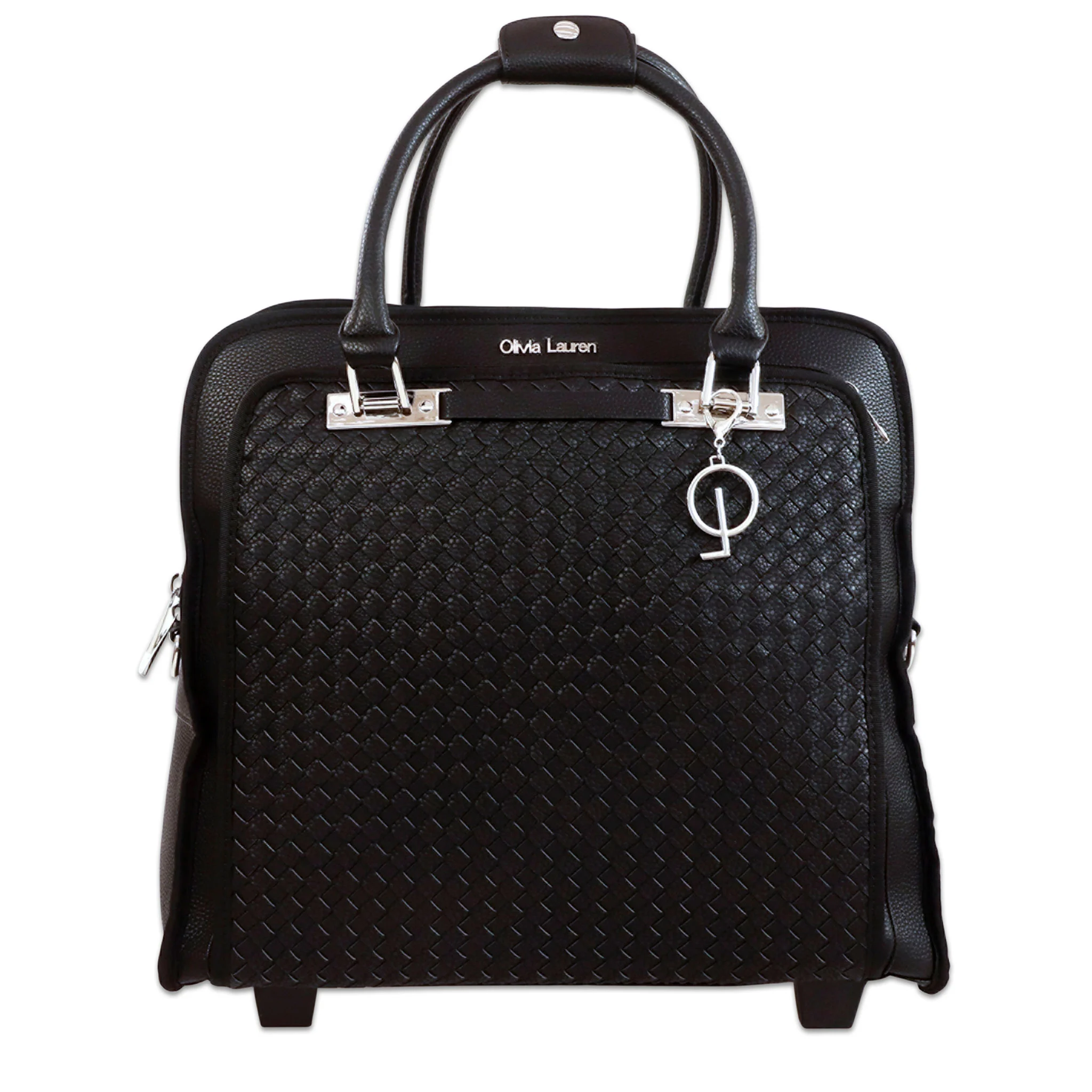 handtasche, schwarz, gewebte textur, oberer tragehenkel, Olivia Lauren badge