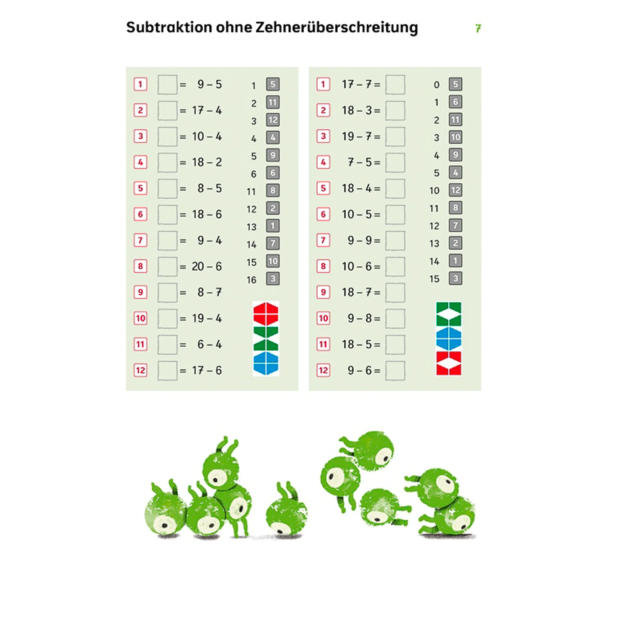 Subtraktion, Arbeitsblatt, Kinder, grüne Aliens, Formenstapel