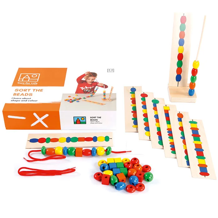 Perlen, Holzperlen, bunt, Bildungsspielzeug, perlen auffädeln