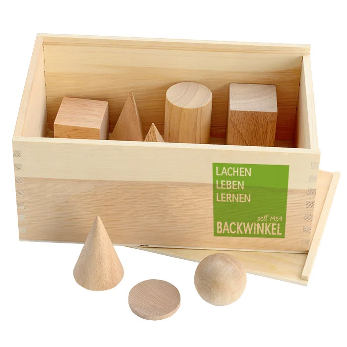 Geometrie-Körper mit Grundflächen-Plättchen, aus Naturholz in einer Holzbox