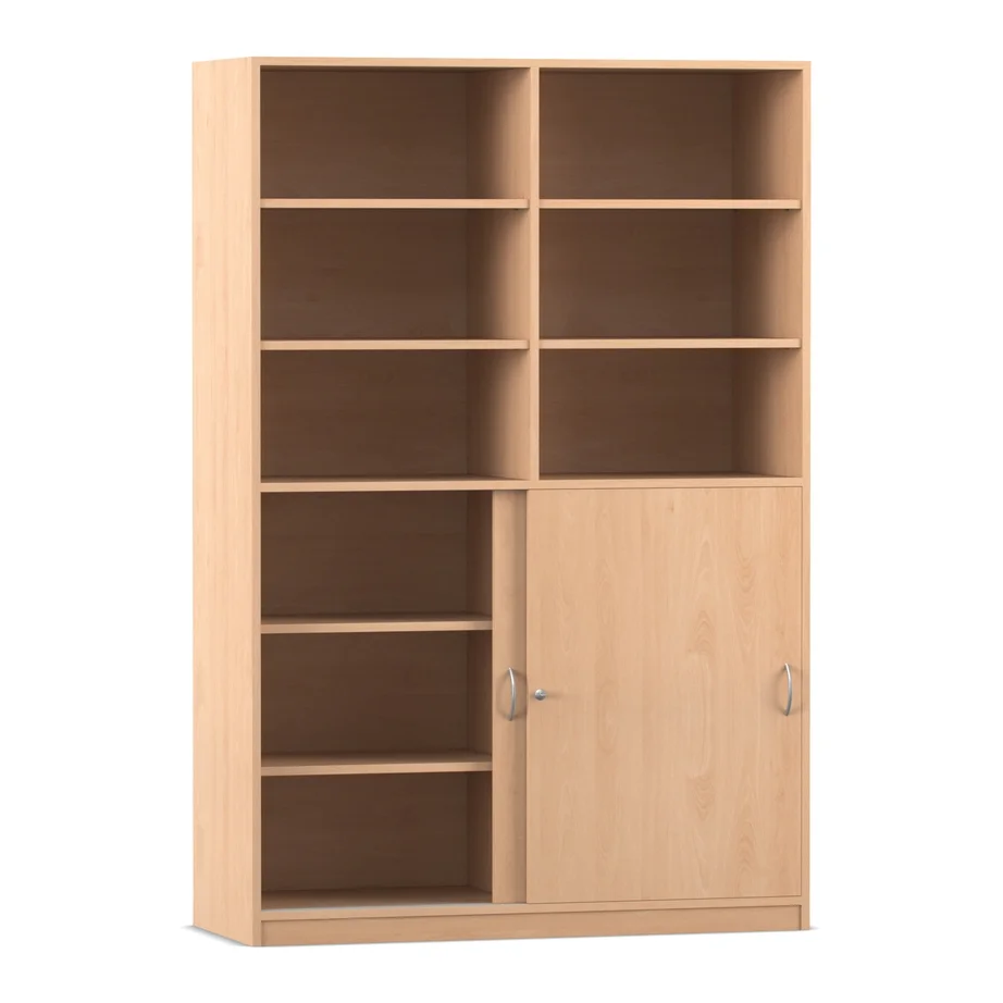 Schiebetüren-Schrank mit Mittelwand, 190 x 126,4 cm, unten Halbtüren und oben Regal, Buche hell