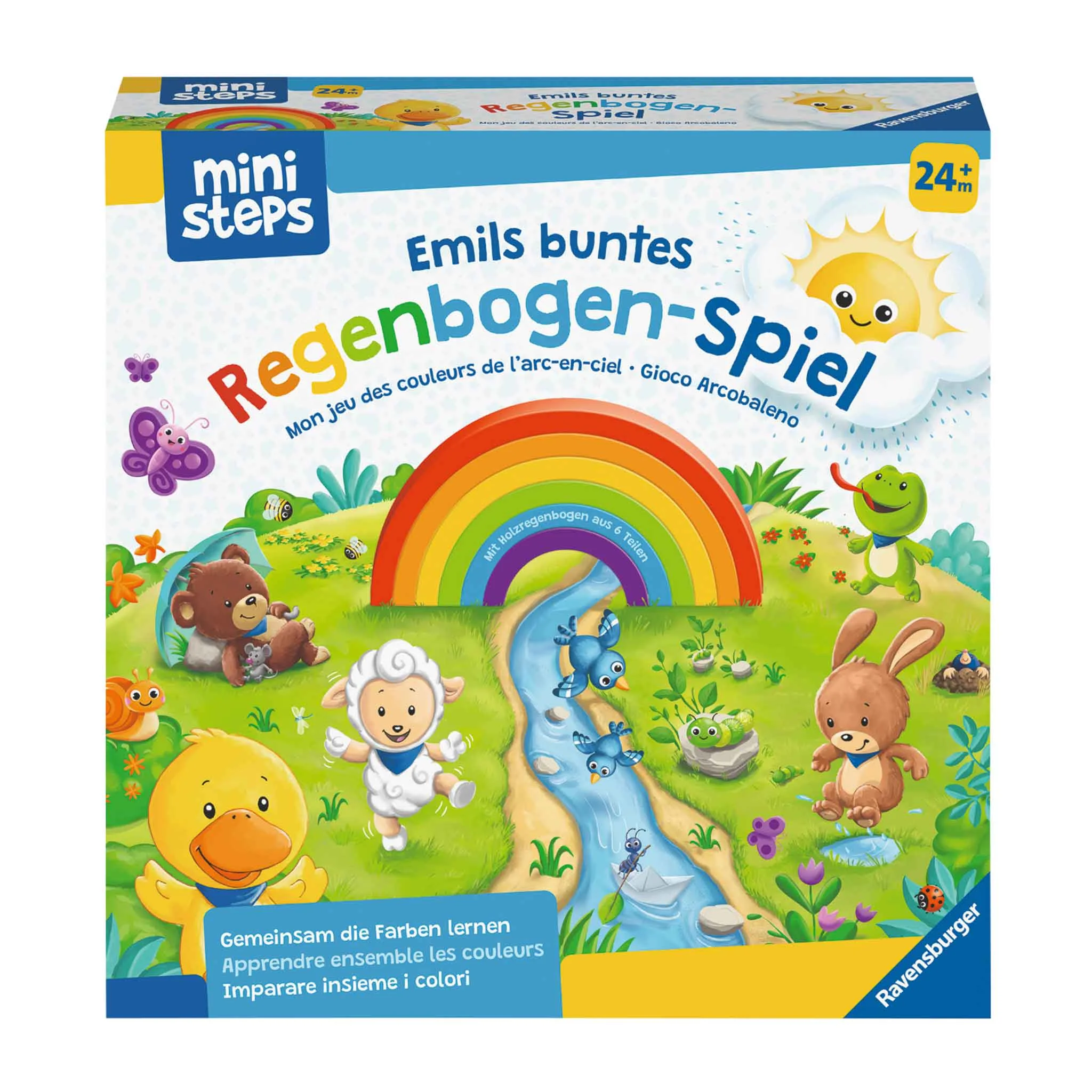 Regenbogen-Spiel, Rainbow-Ring, Kinder-Boardgame, Holzbaustein, Landschaftsszene