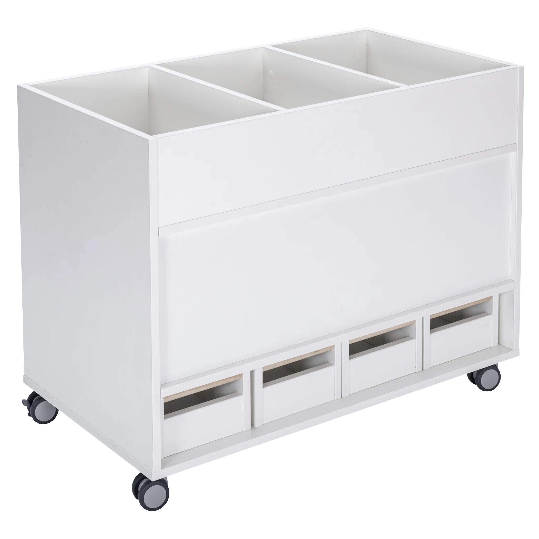 weißes Regal, modulares Aufbewahrungssystem, Schubladenbasis, Rollrollen, drei kleine Schubladen