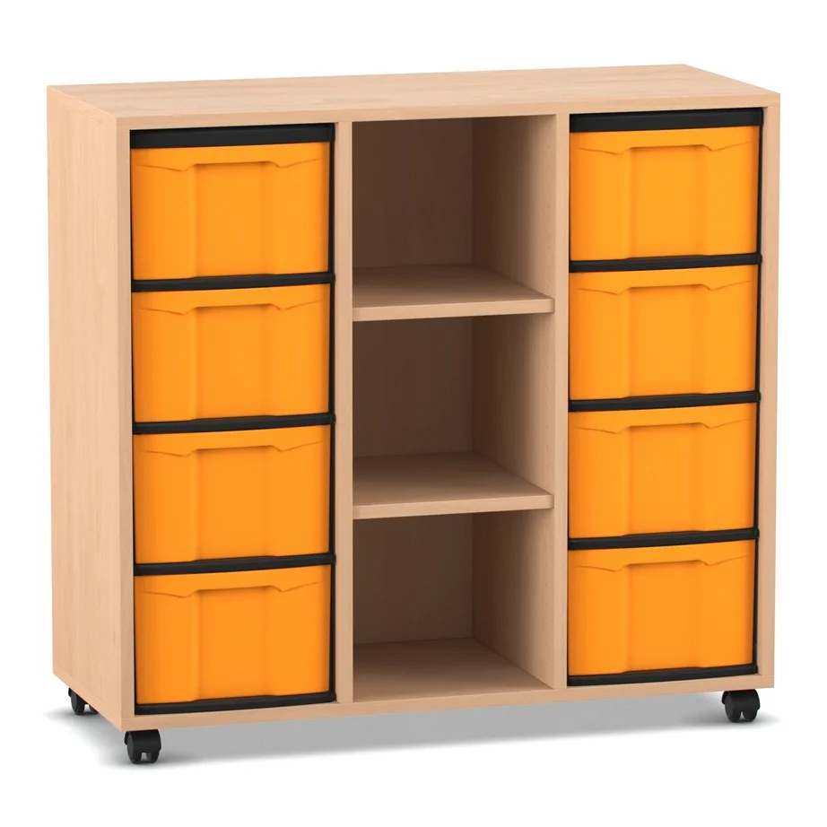 Klassenzimmerregal, 92,3 x 98,5 x 40,8 cm, mit 8 Boxen und 3 Fächern, gelb
