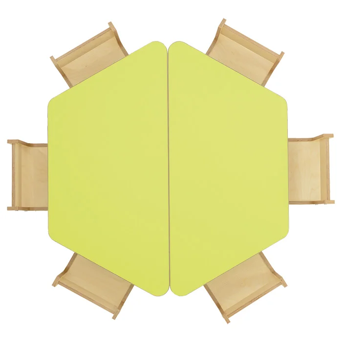 faltbarer tisch, sechseckiger tisch, neon gelb, holzstühle, zusammenklappbarer tisch