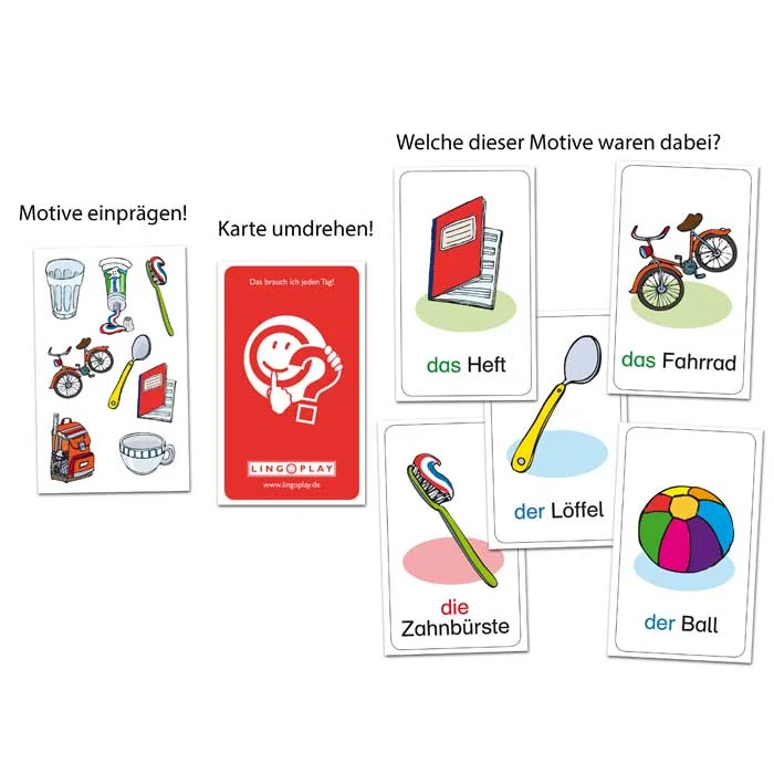 Zahnbürste, Becher, Bleistift, Räder, Karten