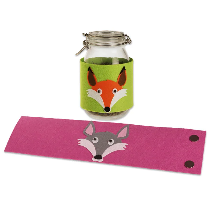 glasgefäß, Filzband, Fuchs-Motiv, grün, rosa