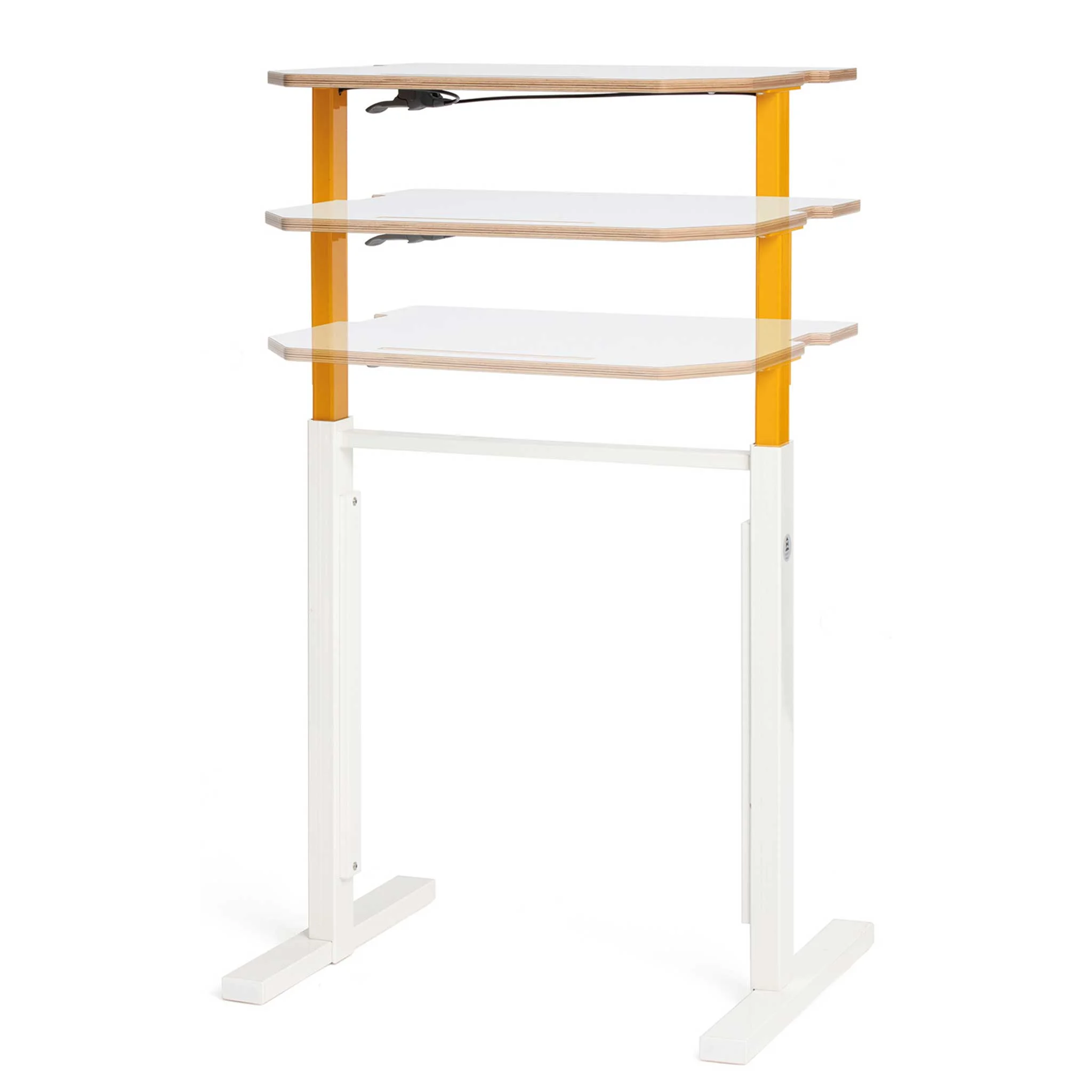 Stehschreibtisch, Schreibtischregal, Holzplatten, orange Stützen, weißes Gestell