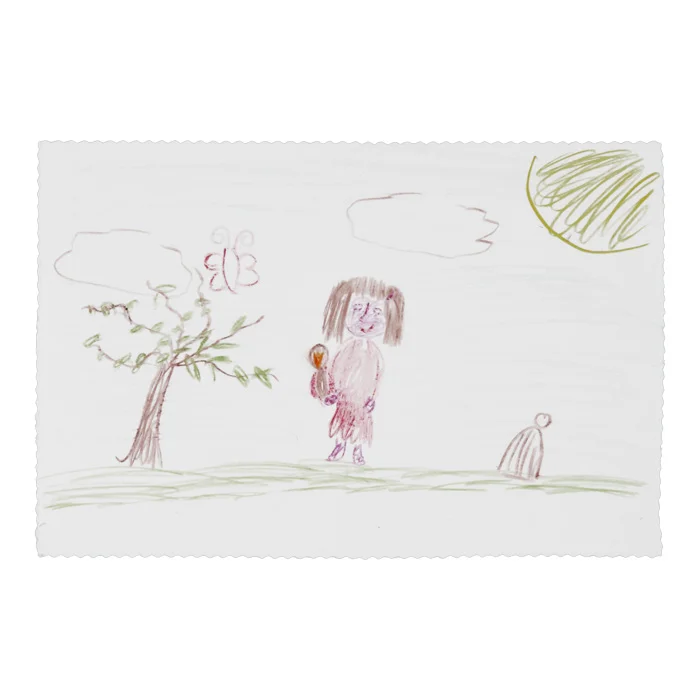 Kinderzeichnung, Mädchen, Baum, Sonne, Ball