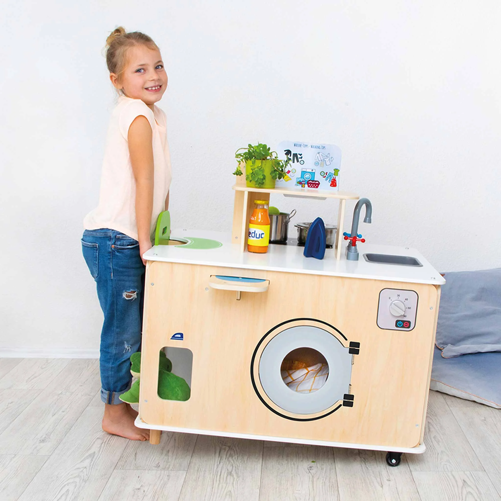 Kinderküche, Küchenzeile, Holzküche, Spielzeugküche, Waschmaschinen-Design
