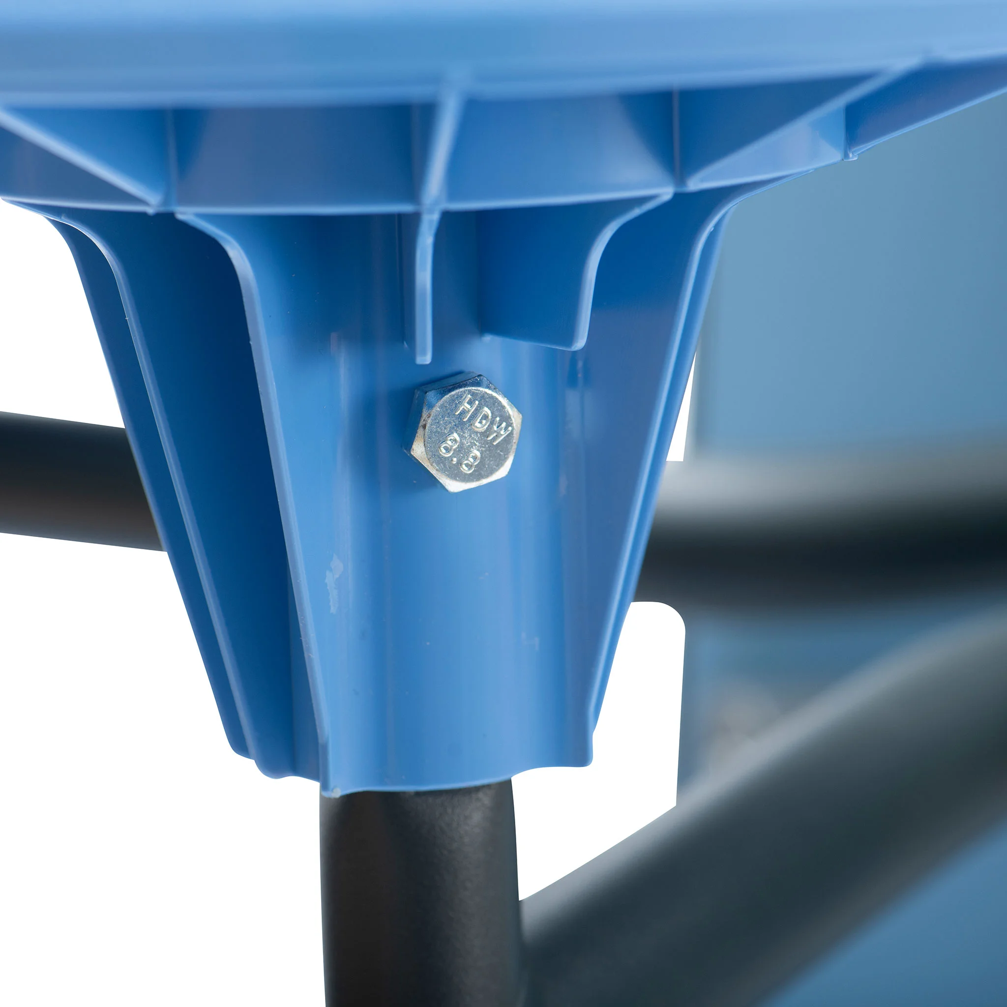 Metallbolzen, Verbindungsteil, Stahlrohr, blaue Konstruktion, Plattenbeine