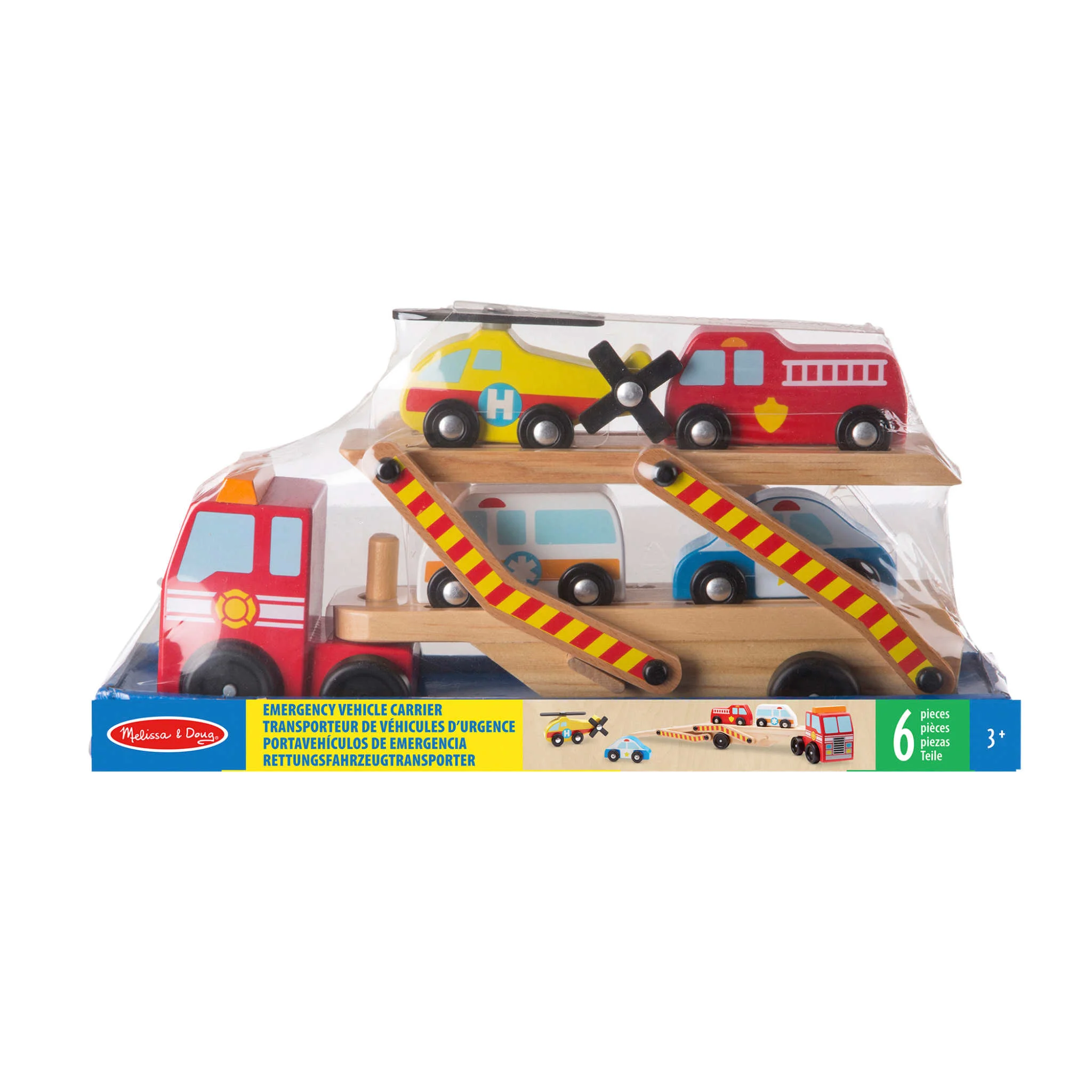 Holzspielzeug, Eigentlicher Fahrzeugtransport, Rettungsfahrzeuge, Kartonverpackung, Holzbausatz