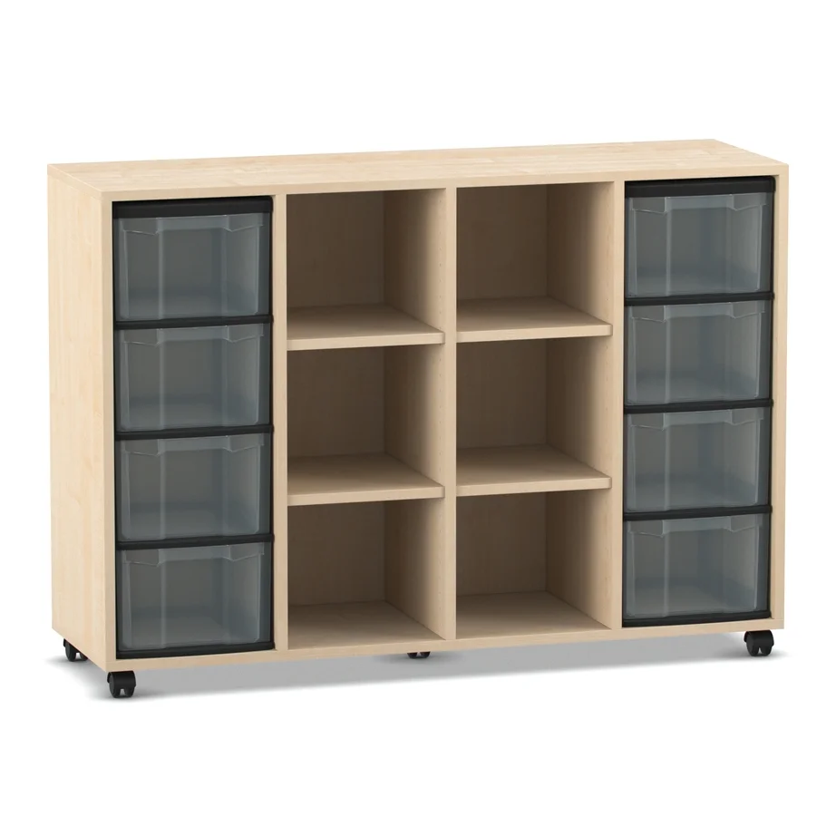 Schrank, Holzschrank, Schubladenunit, Rollschrank, schwarze Kunststoffschubladen