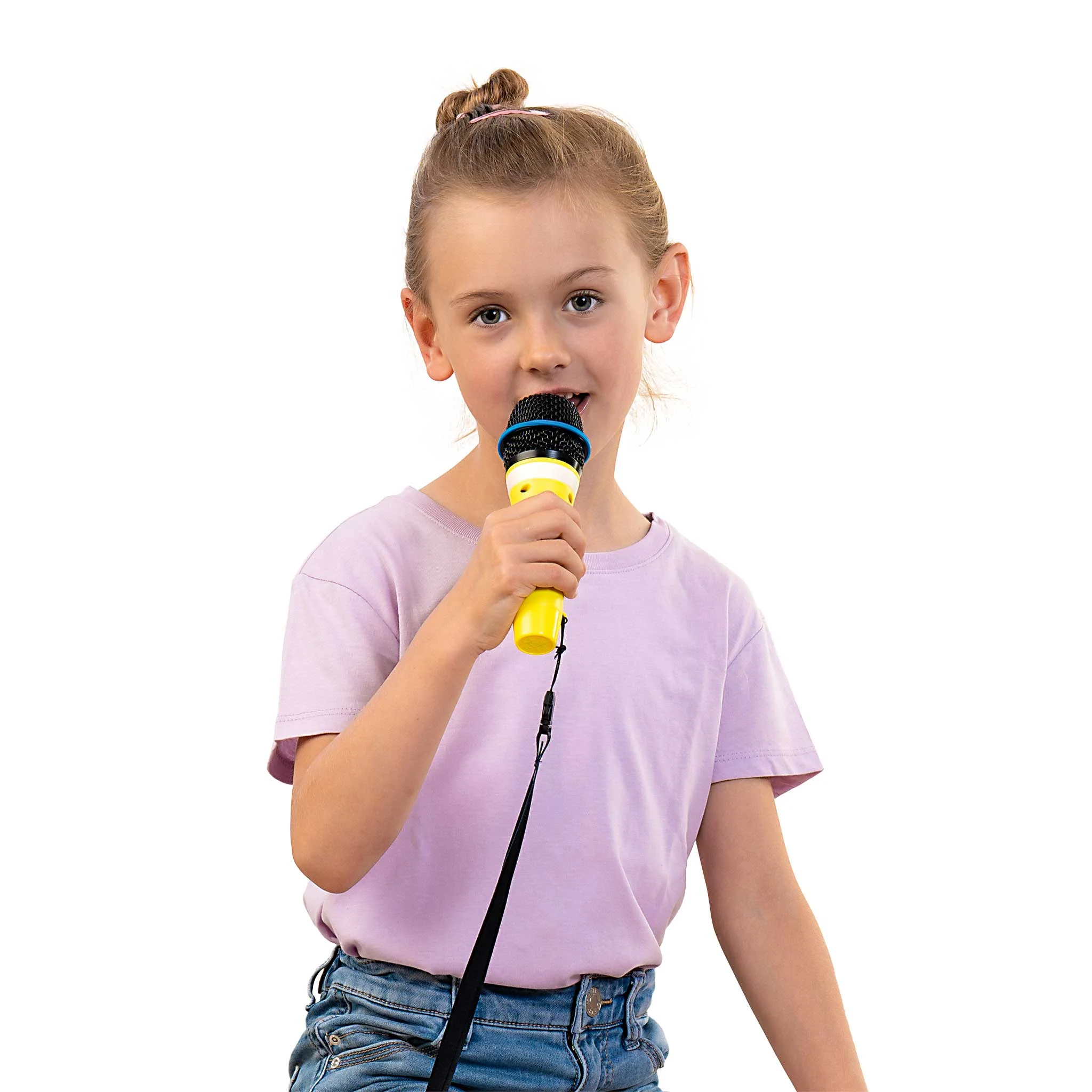 Kinder, Mikrofon, Karaoke, Lila T-Shirt, Jeans