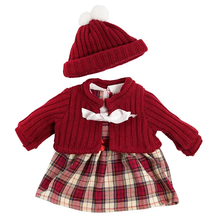 baby coat, knit cardigan, red hat, plaid dress, white bow
