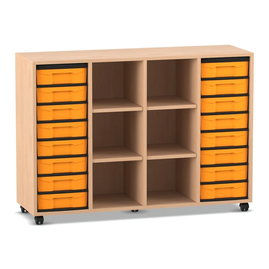 Klassenzimmerregal, 92,3 x 130,7 x 40,8 cm, mit 16 Boxen und 6 Fächern, Buche hell