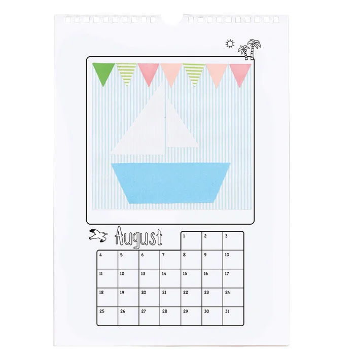 kalender, monatskalender, anhänger, segelboot, bunte flaggen