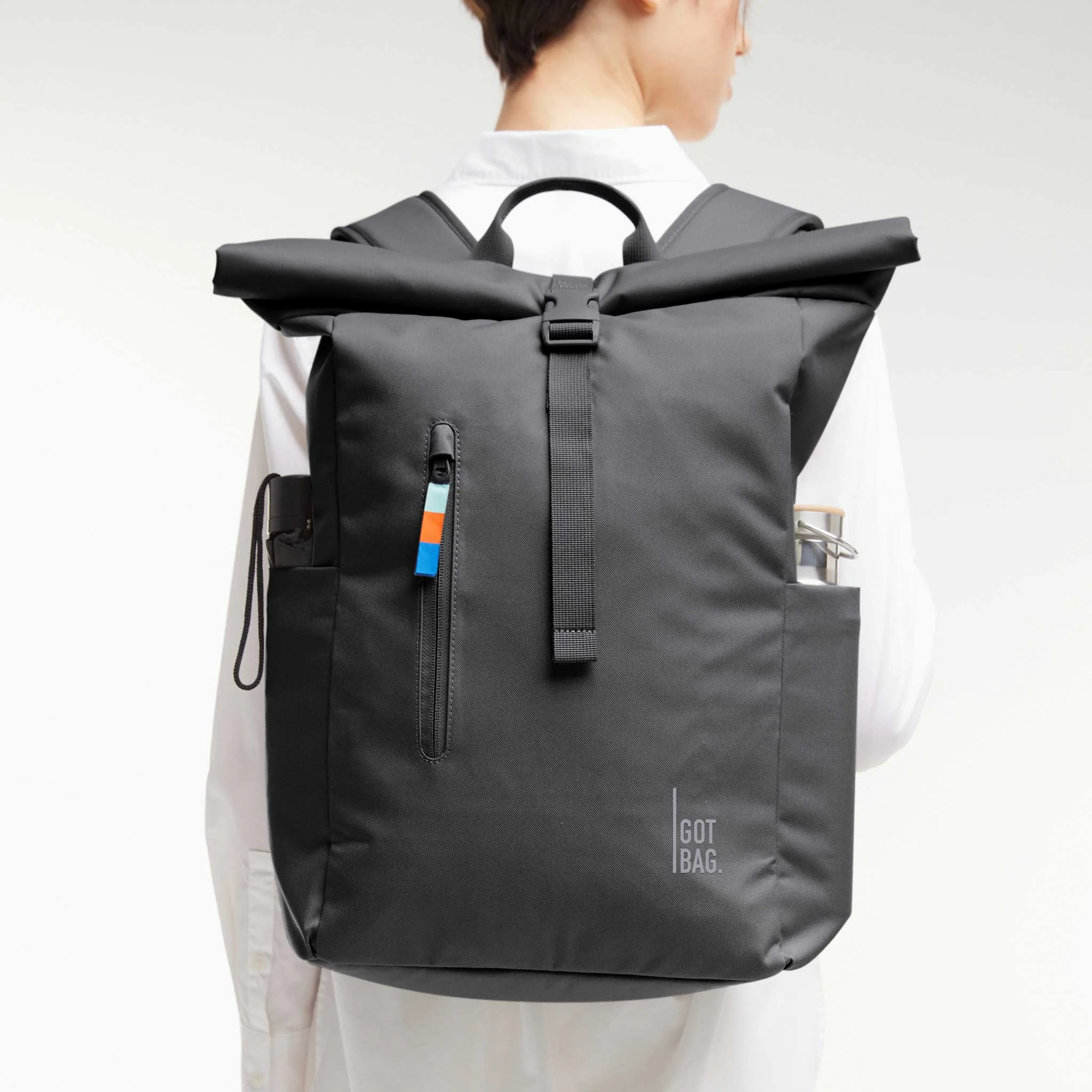 Rucksack, Rolltop, Schwarz, Vorderer Reißverschluss, Rolf Tasche