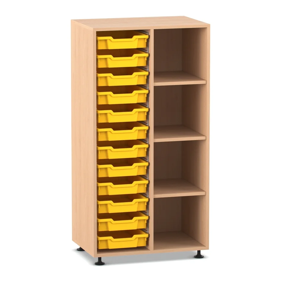Mittelhohes Regal, 143,9 x 73,1 x 48, mit 12 Boxen links und 3 Böden, Buche hell
