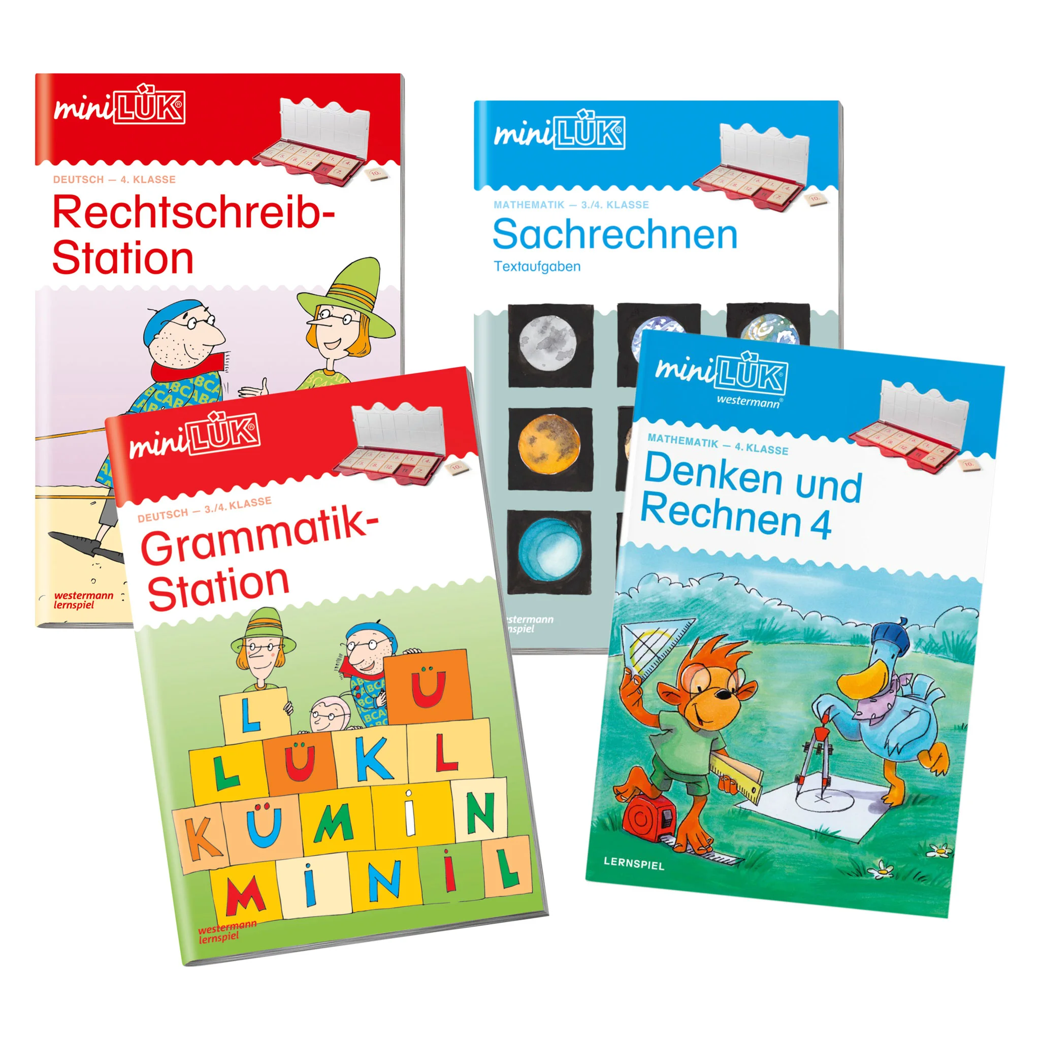 Rechtschreibstation, Grammatik-Station, Denken und Rechnen 4, Mathematik, Lernspiel