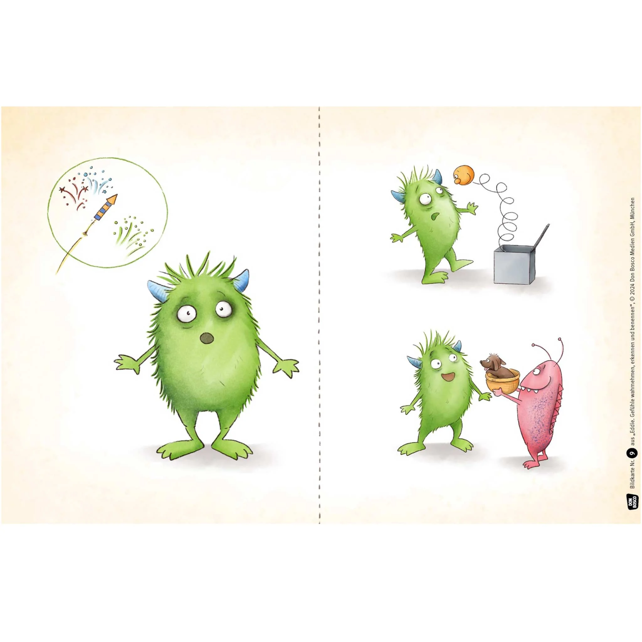 grüne Kreatur, Fellwesen, Monster-Illustration, Rakete, Feuerwerk