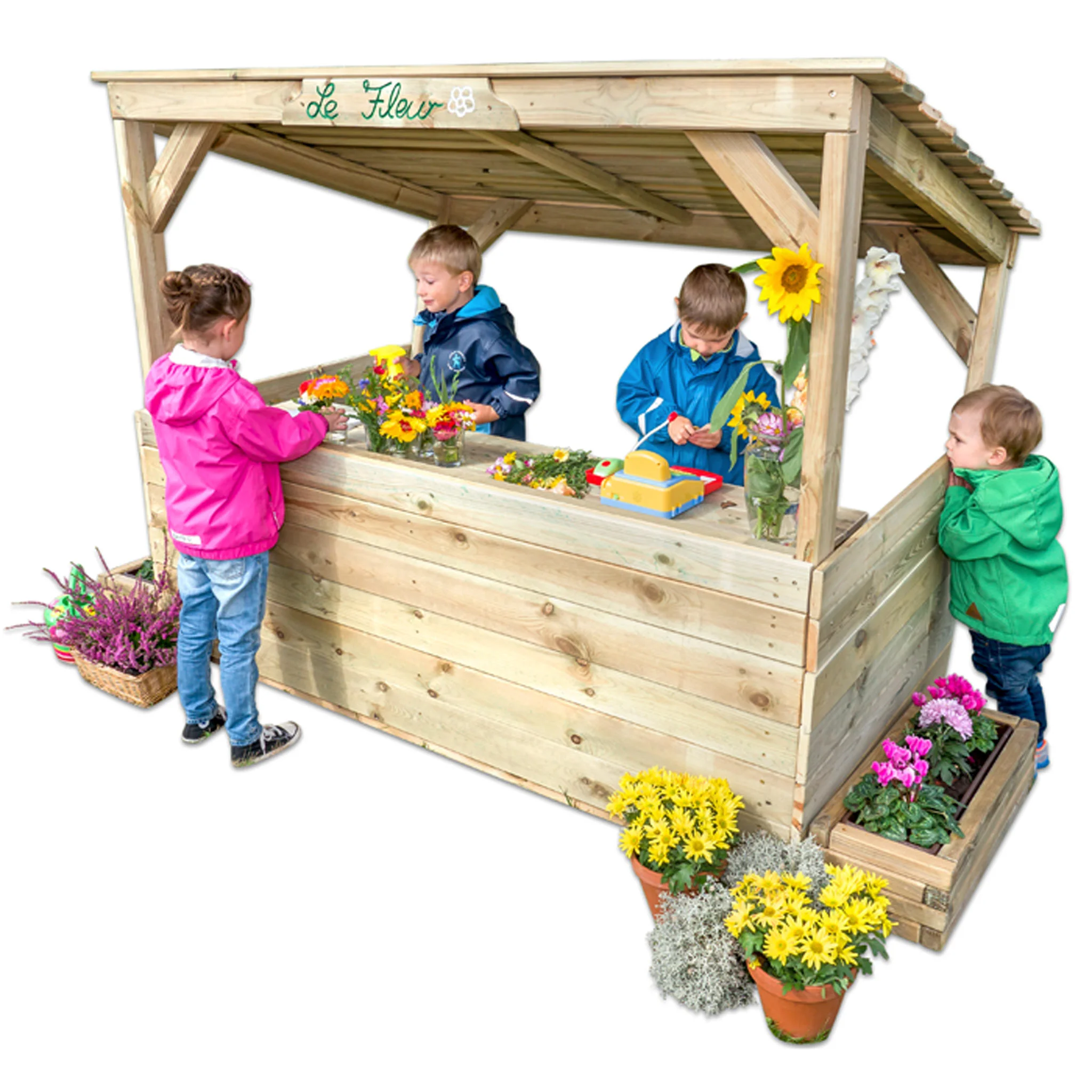 Holzmarktkiosk, Blumenstand, Kinderspielstand, Sonnenblume, Holzbau