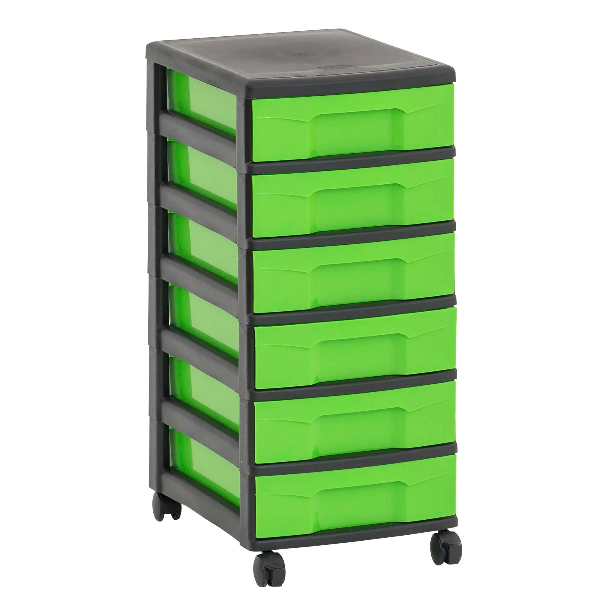 Werkzeugschrank, Aufbewahrungstrolley, grüne Schubladen, rollbarer Wagen, Kunststoffbehälter