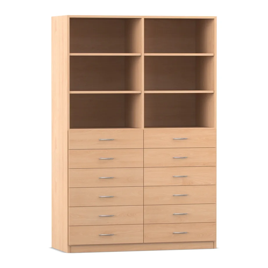 Regal, 190 x 126,4, mit 12 Holzschubladen und 4 Böden, Buche hell