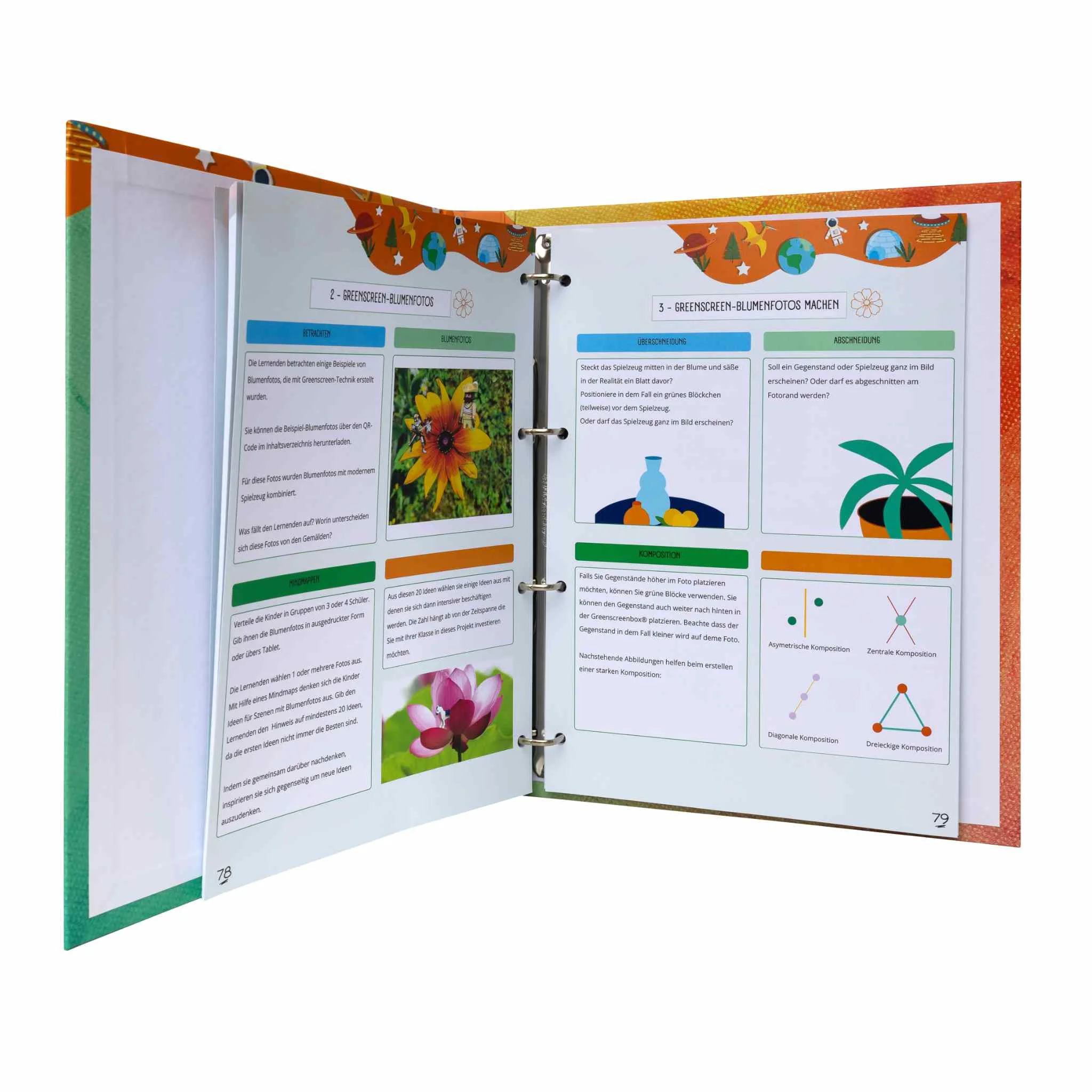 Schulbuch, Lernheft, Bunte Seiten, Blumenfotos, Aufklappbuch