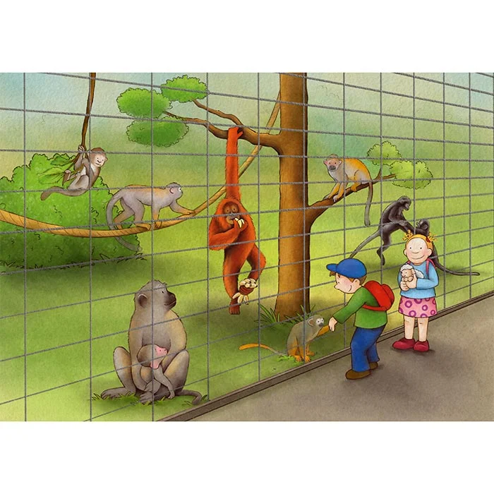 Monkey enclosure, Zoo scene, Children observing, Glass enclosure, Orangutan